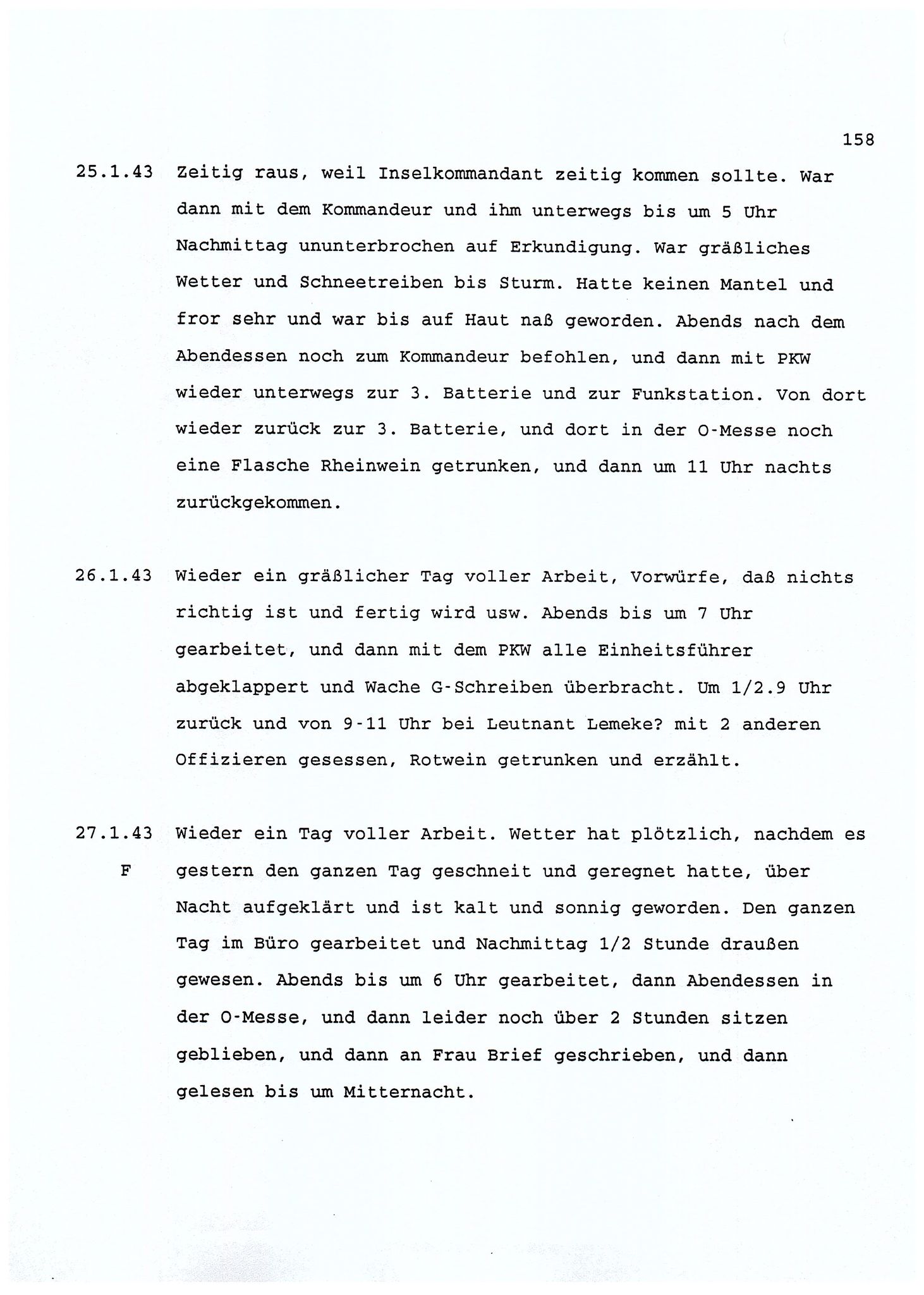 Dagbokopptegnelser av en tysk marineoffiser stasjonert i Norge , FMFB/A-1160/F/L0001: Dagbokopptegnelser av en tysk marineoffiser stasjonert i Norge, 1941-1944, p. 158