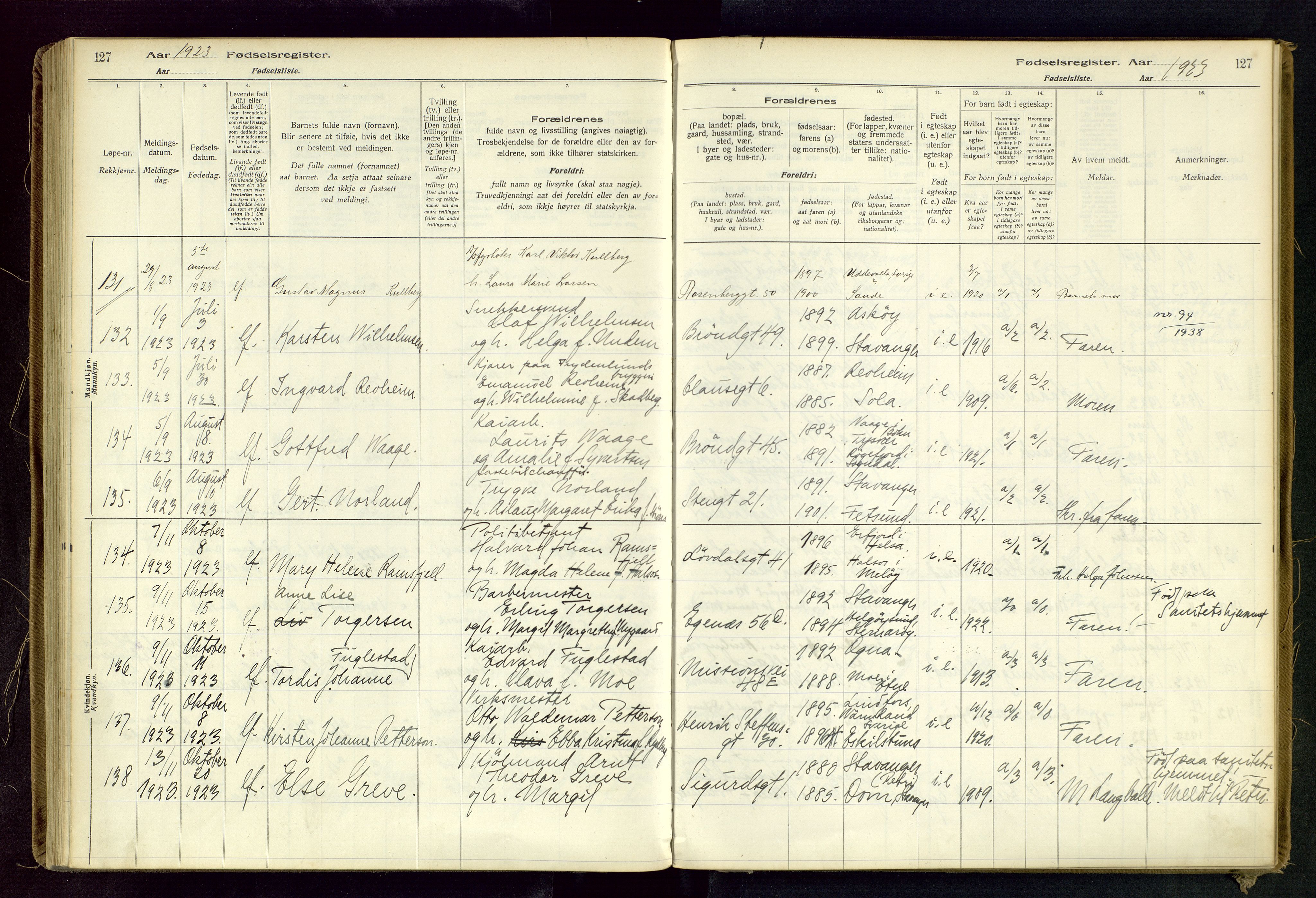 Domkirken sokneprestkontor, SAST/A-101812/002/B/L0002: Birth register no. 2, 1920-1925, p. 127