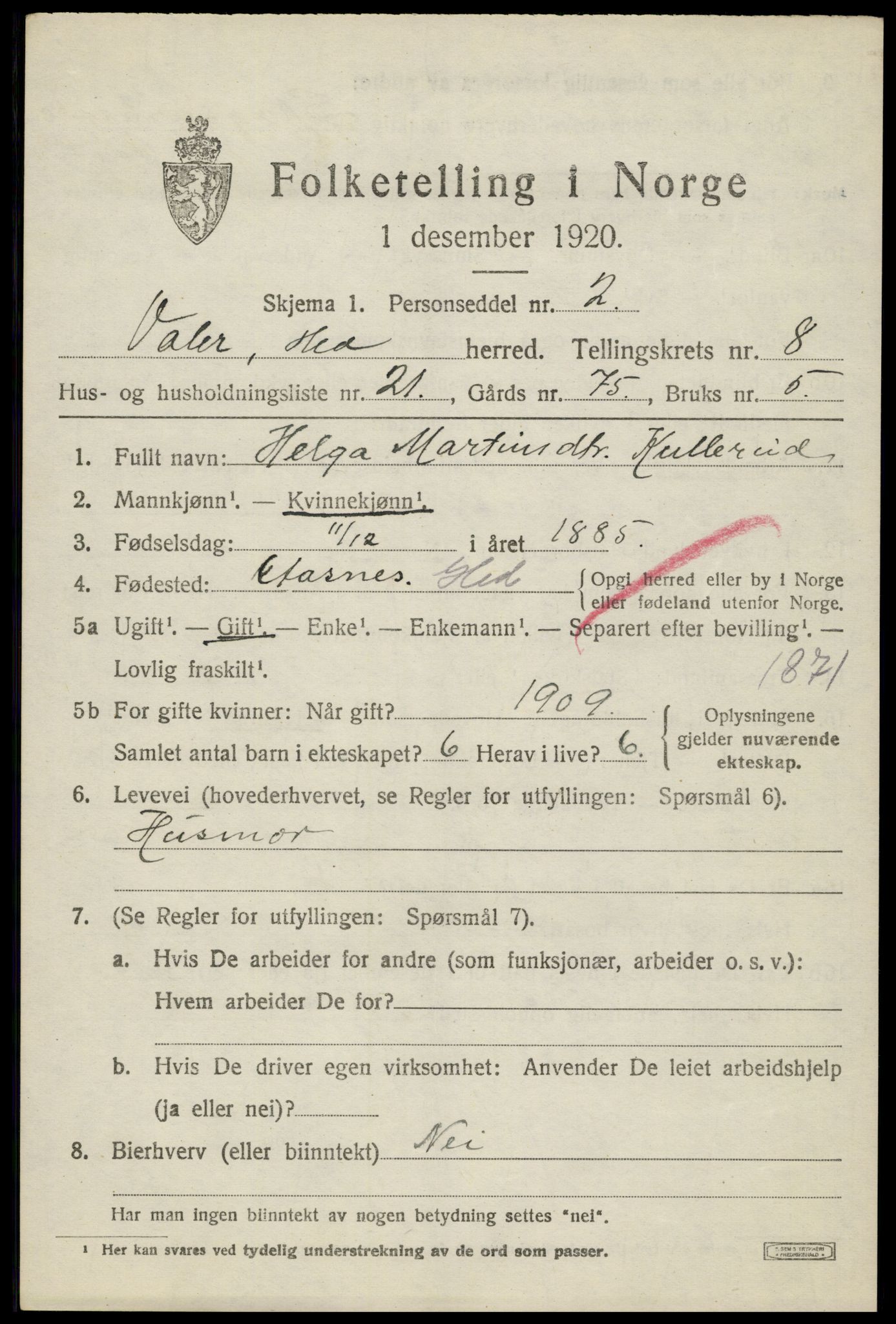 SAH, 1920 census for Våler (Hedmark), 1920, p. 8485