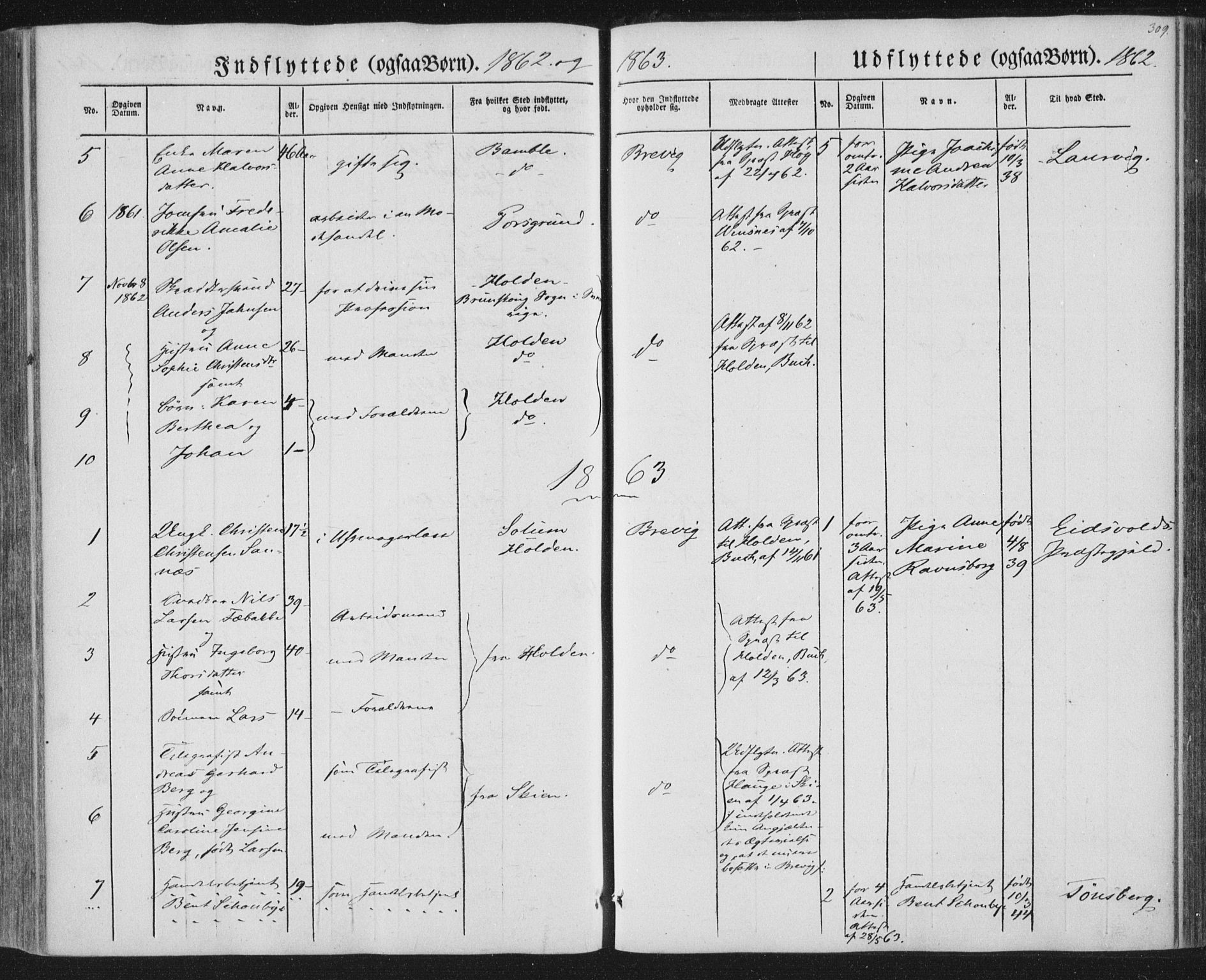 Brevik kirkebøker, AV/SAKO-A-255/F/Fa/L0005: Parish register (official) no. 5, 1847-1865, p. 309