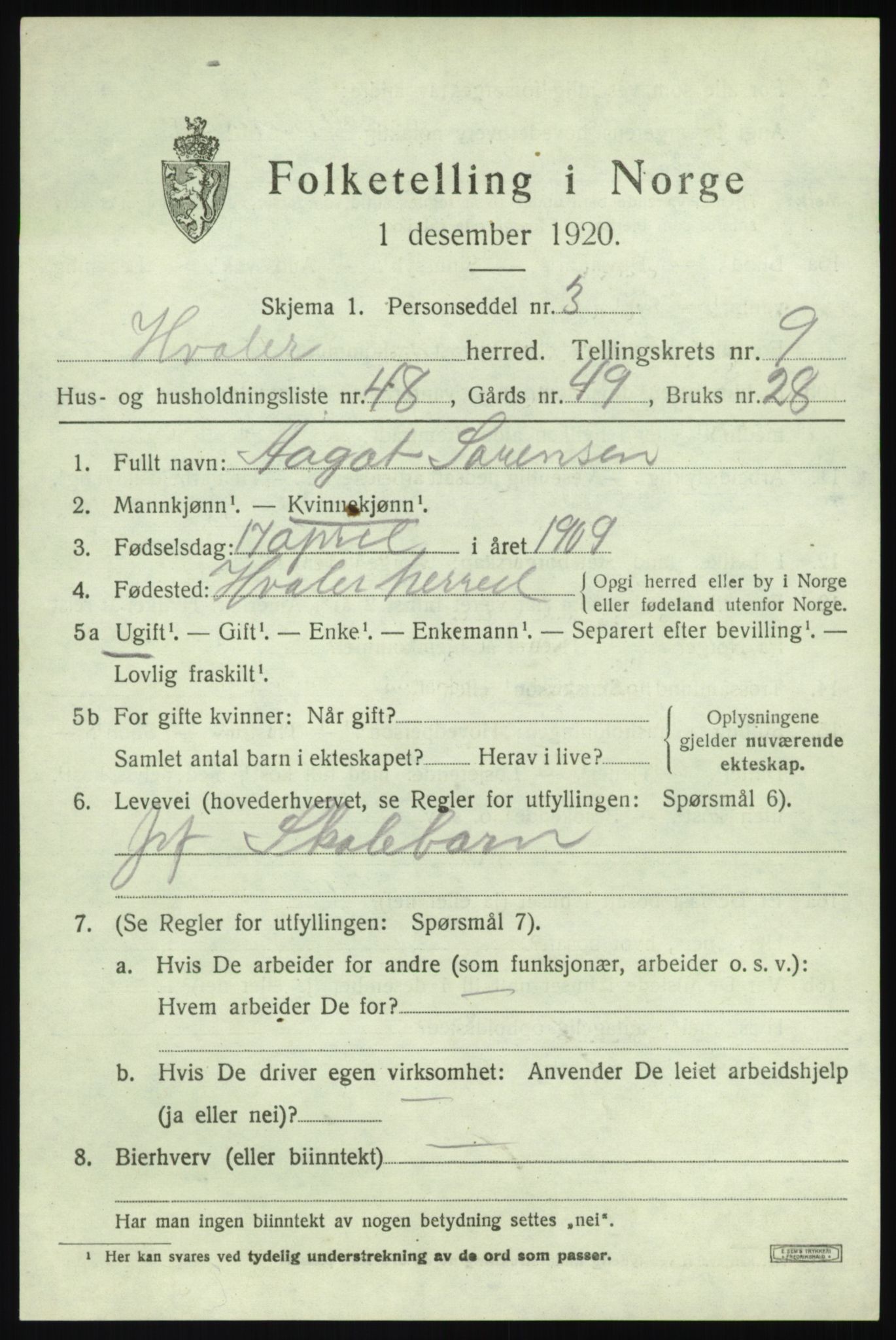 SAO, 1920 census for Hvaler, 1920, p. 9100