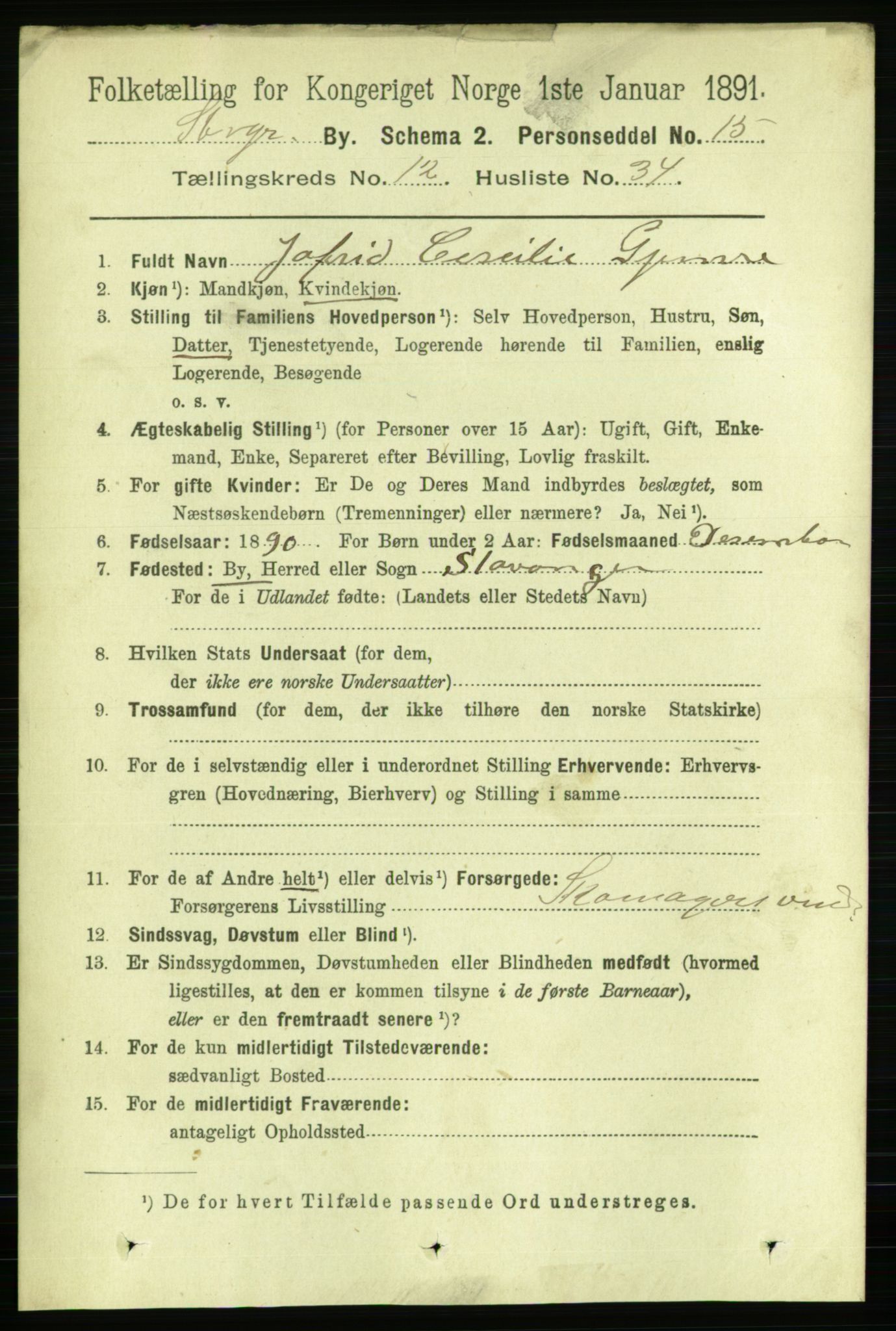 RA, 1891 census for 1103 Stavanger, 1891, p. 15314