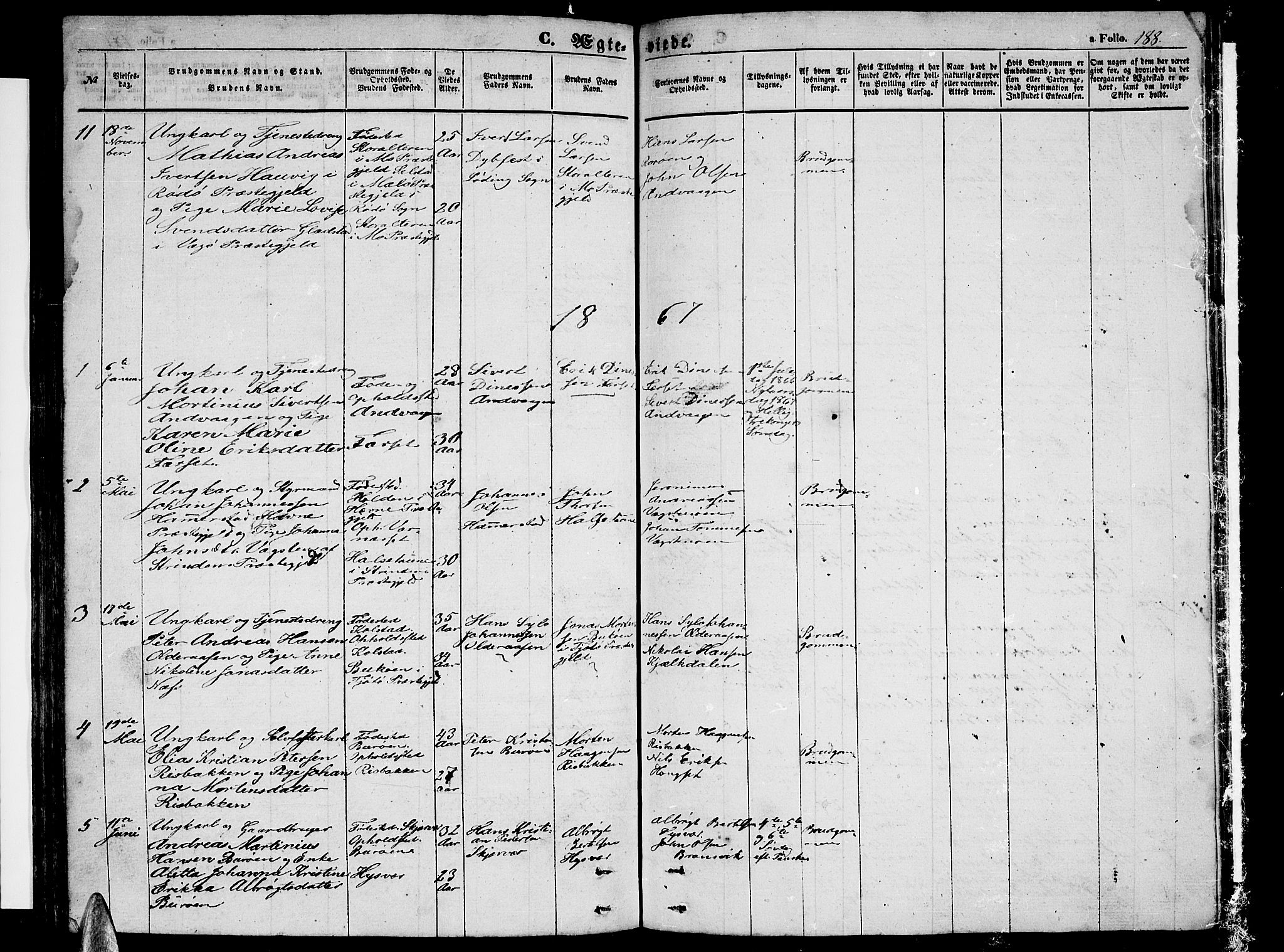 Ministerialprotokoller, klokkerbøker og fødselsregistre - Nordland, SAT/A-1459/816/L0251: Parish register (copy) no. 816C01, 1852-1870, p. 188