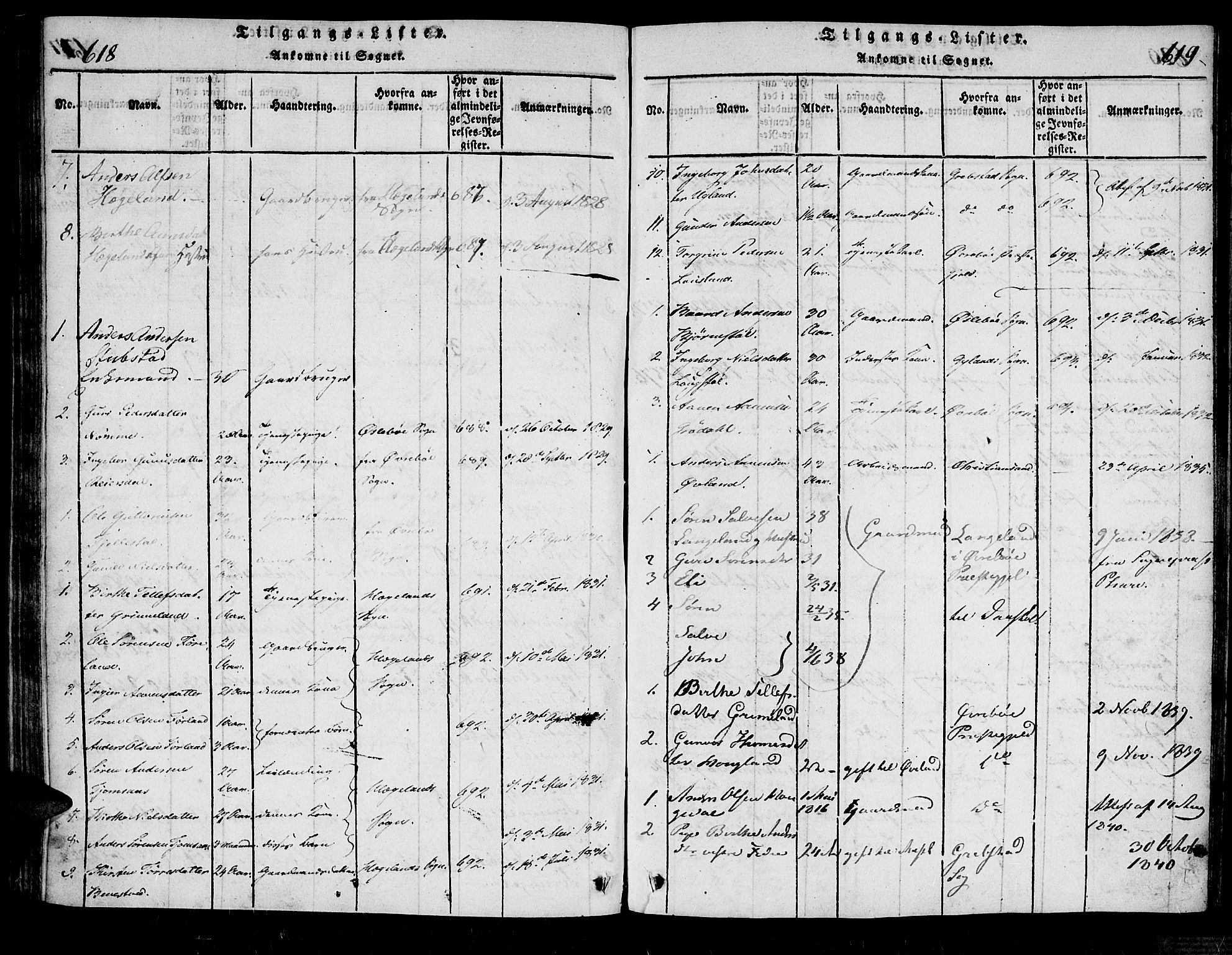 Bjelland sokneprestkontor, AV/SAK-1111-0005/F/Fa/Fab/L0002: Parish register (official) no. A 2, 1816-1869, p. 618-619