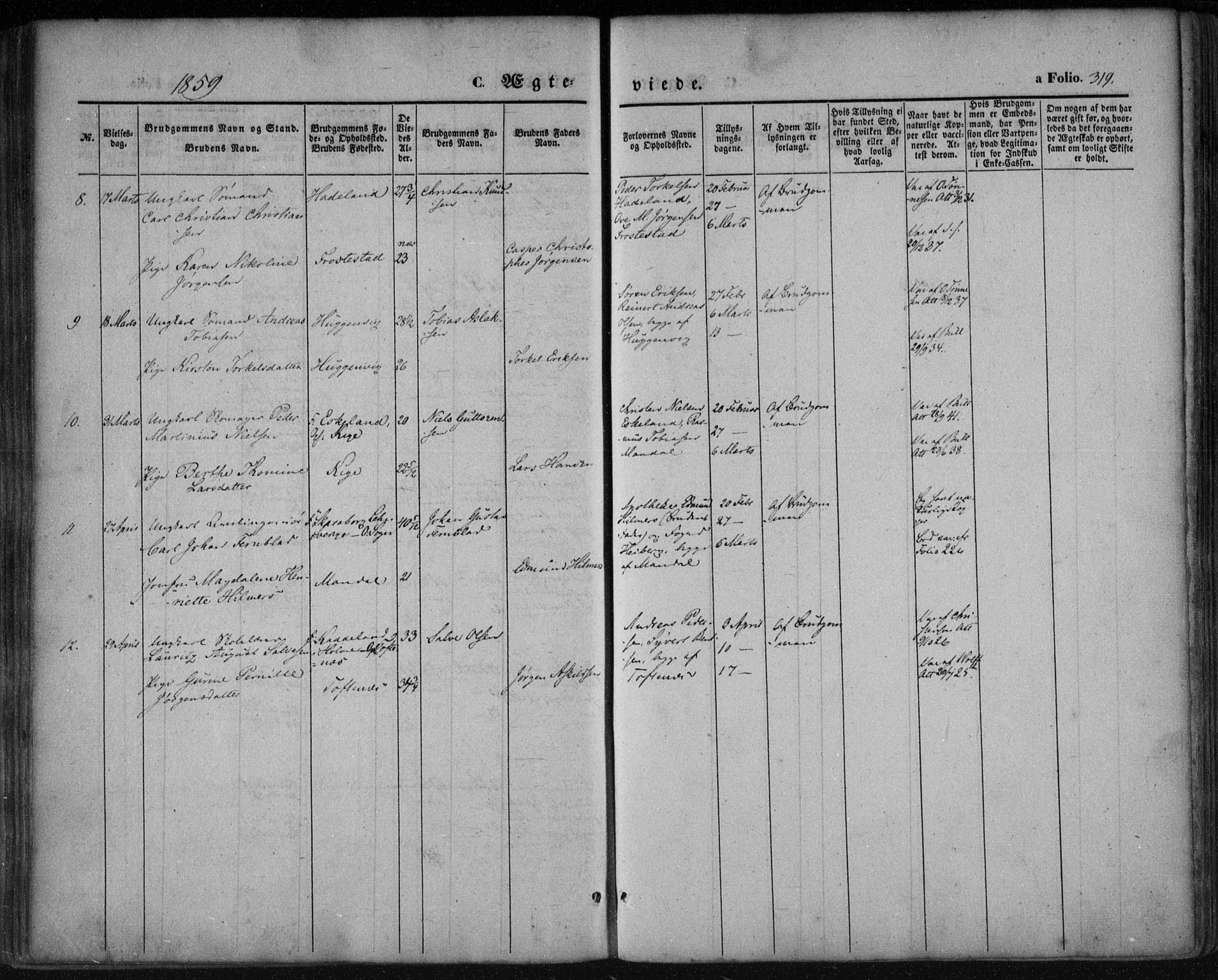 Mandal sokneprestkontor, AV/SAK-1111-0030/F/Fa/Faa/L0013: Parish register (official) no. A 13, 1847-1859, p. 319