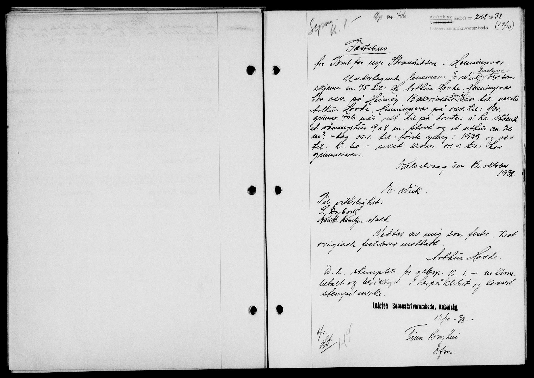 Lofoten sorenskriveri, SAT/A-0017/1/2/2C/L0004a: Mortgage book no. 4a, 1938-1938, Diary no: : 2168/1938