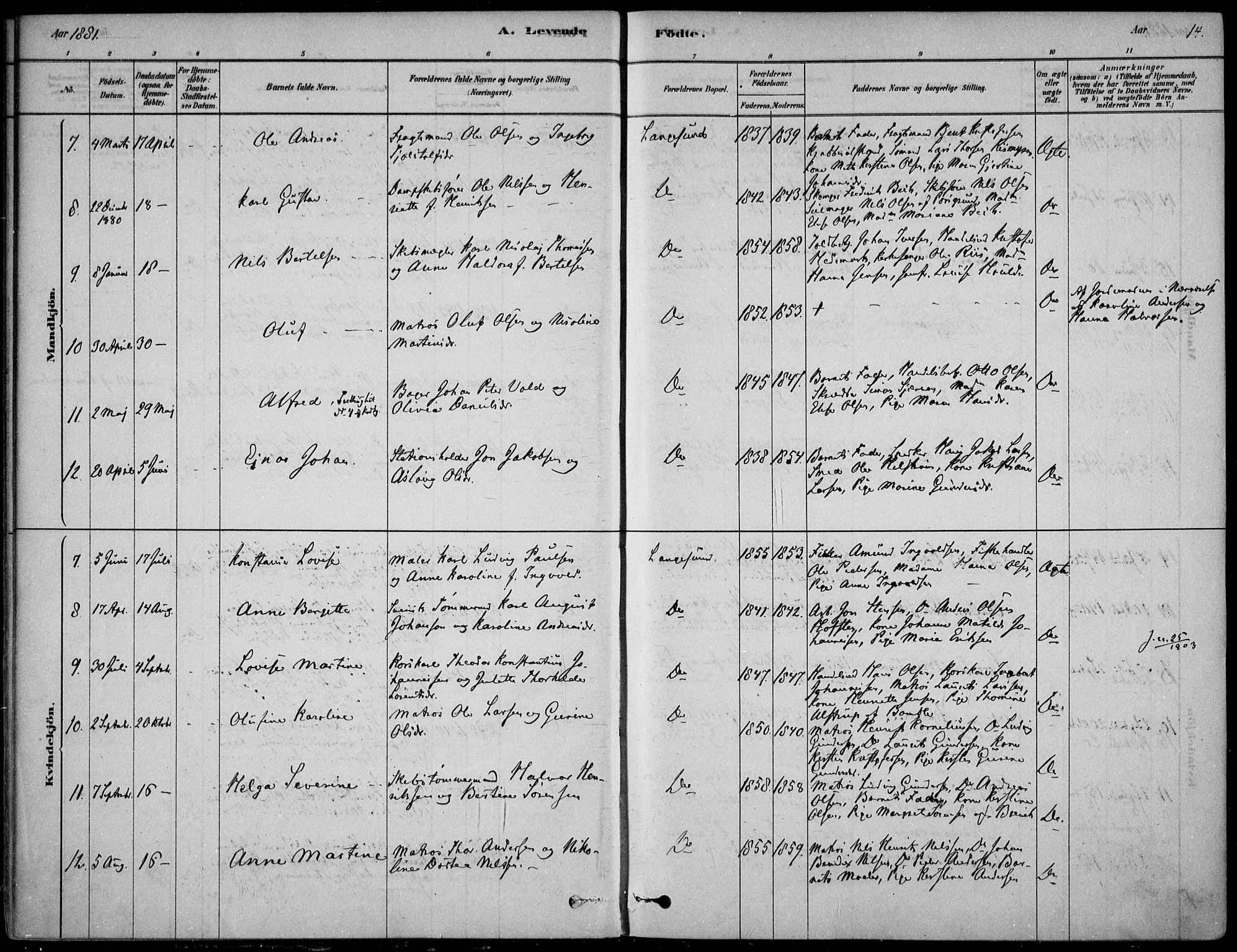 Langesund kirkebøker, SAKO/A-280/F/Fa/L0002: Parish register (official) no. 2, 1878-1892, p. 14