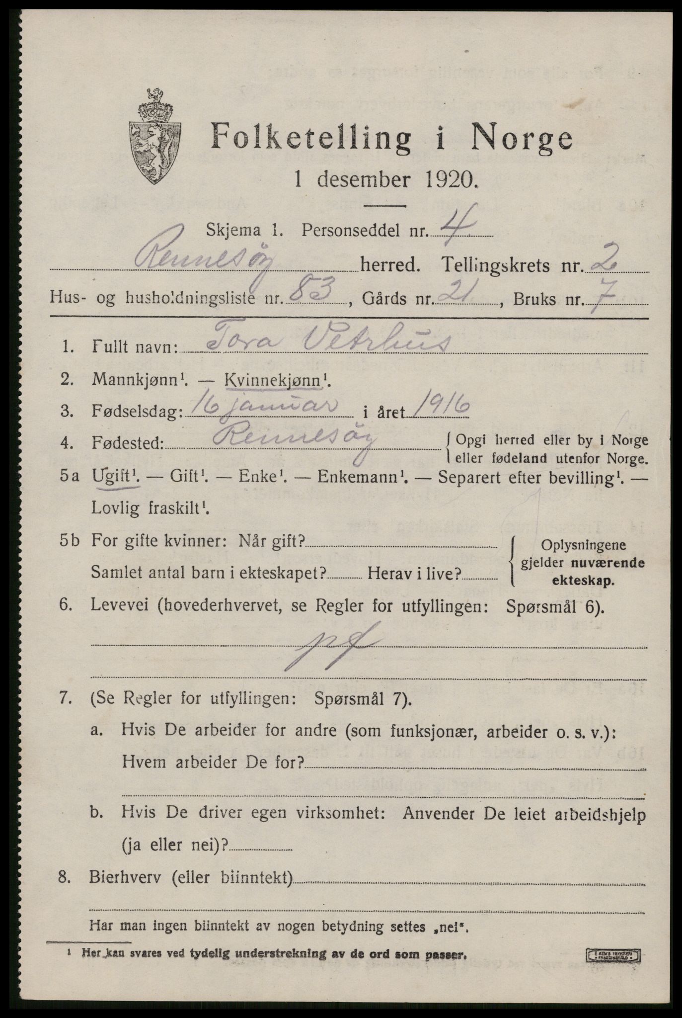 SAST, 1920 census for Rennesøy, 1920, p. 1932