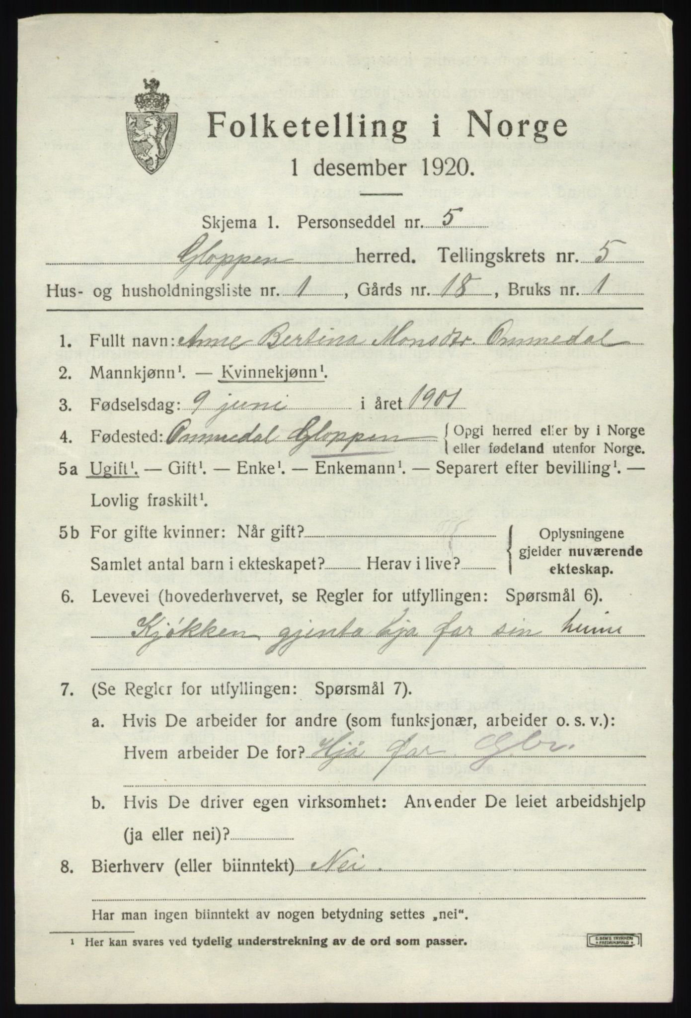 SAB, 1920 census for Gloppen, 1920, p. 3338