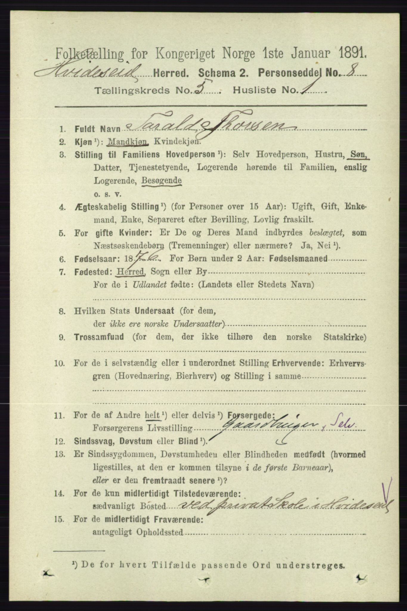 RA, 1891 census for 0829 Kviteseid, 1891, p. 914