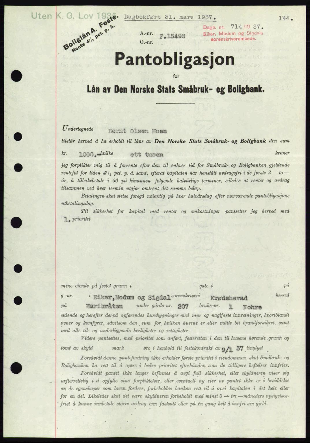 Eiker, Modum og Sigdal sorenskriveri, SAKO/A-123/G/Ga/Gab/L0035: Mortgage book no. A5, 1937-1937, Diary no: : 714/1937