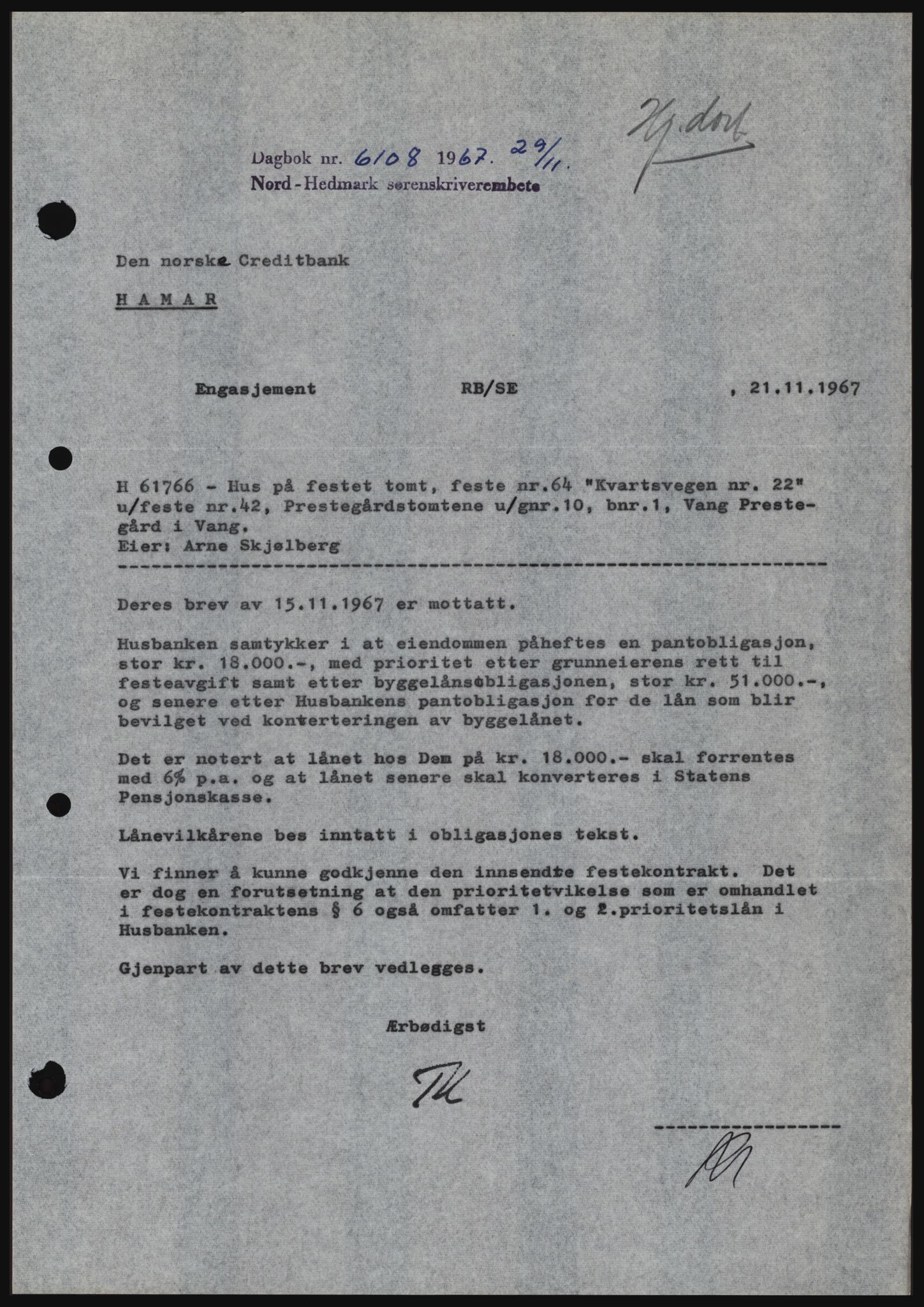 Nord-Hedmark sorenskriveri, SAH/TING-012/H/Hc/L0027: Mortgage book no. 27, 1967-1968, Diary no: : 6108/1967