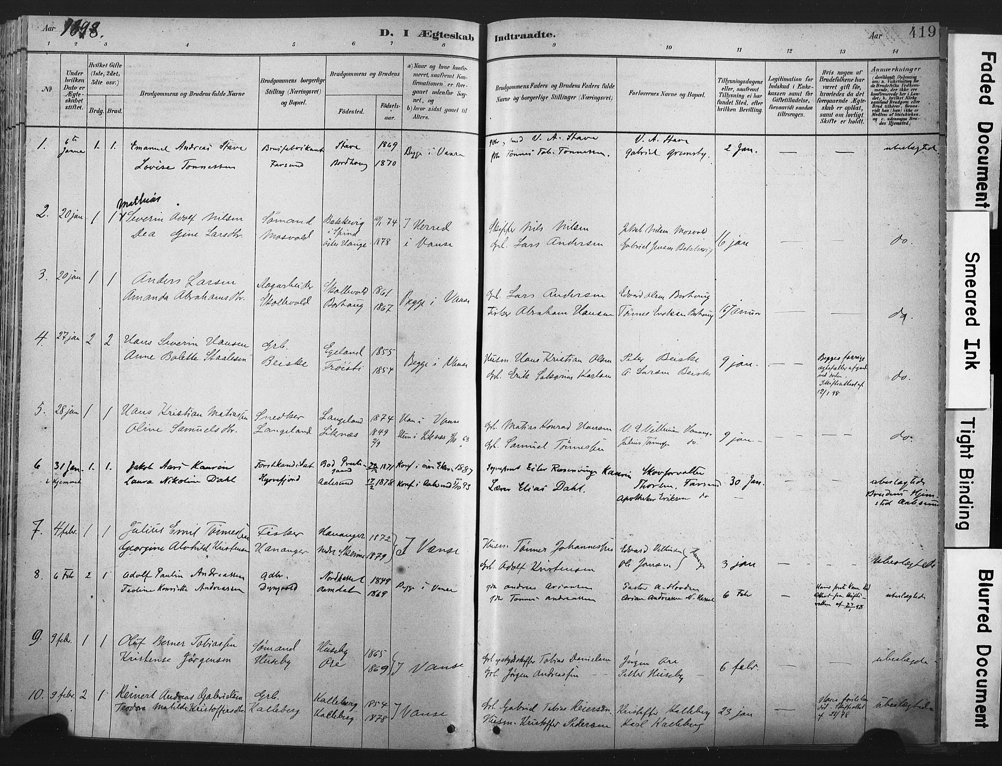 Lista sokneprestkontor, AV/SAK-1111-0027/F/Fa/L0012: Parish register (official) no. A 12, 1879-1903, p. 419