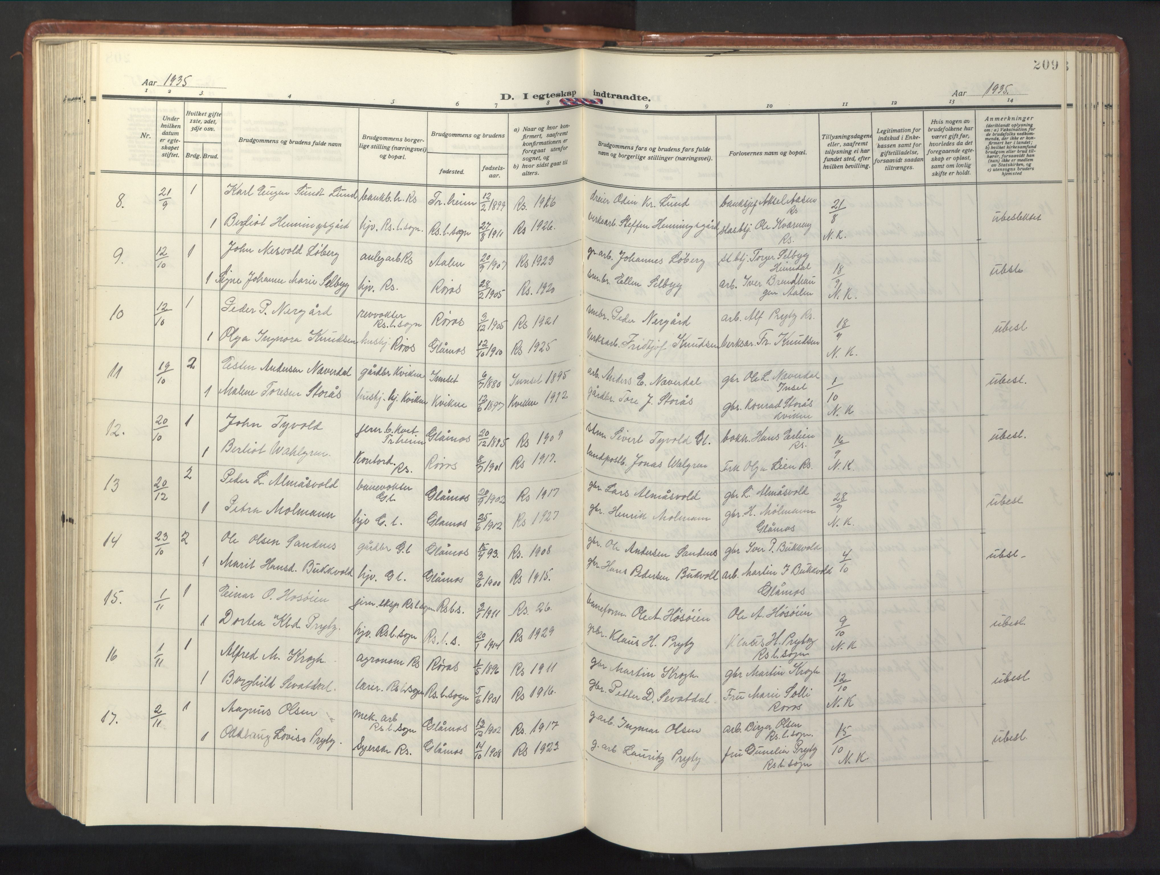 Ministerialprotokoller, klokkerbøker og fødselsregistre - Sør-Trøndelag, SAT/A-1456/681/L0943: Parish register (copy) no. 681C07, 1926-1954, p. 209