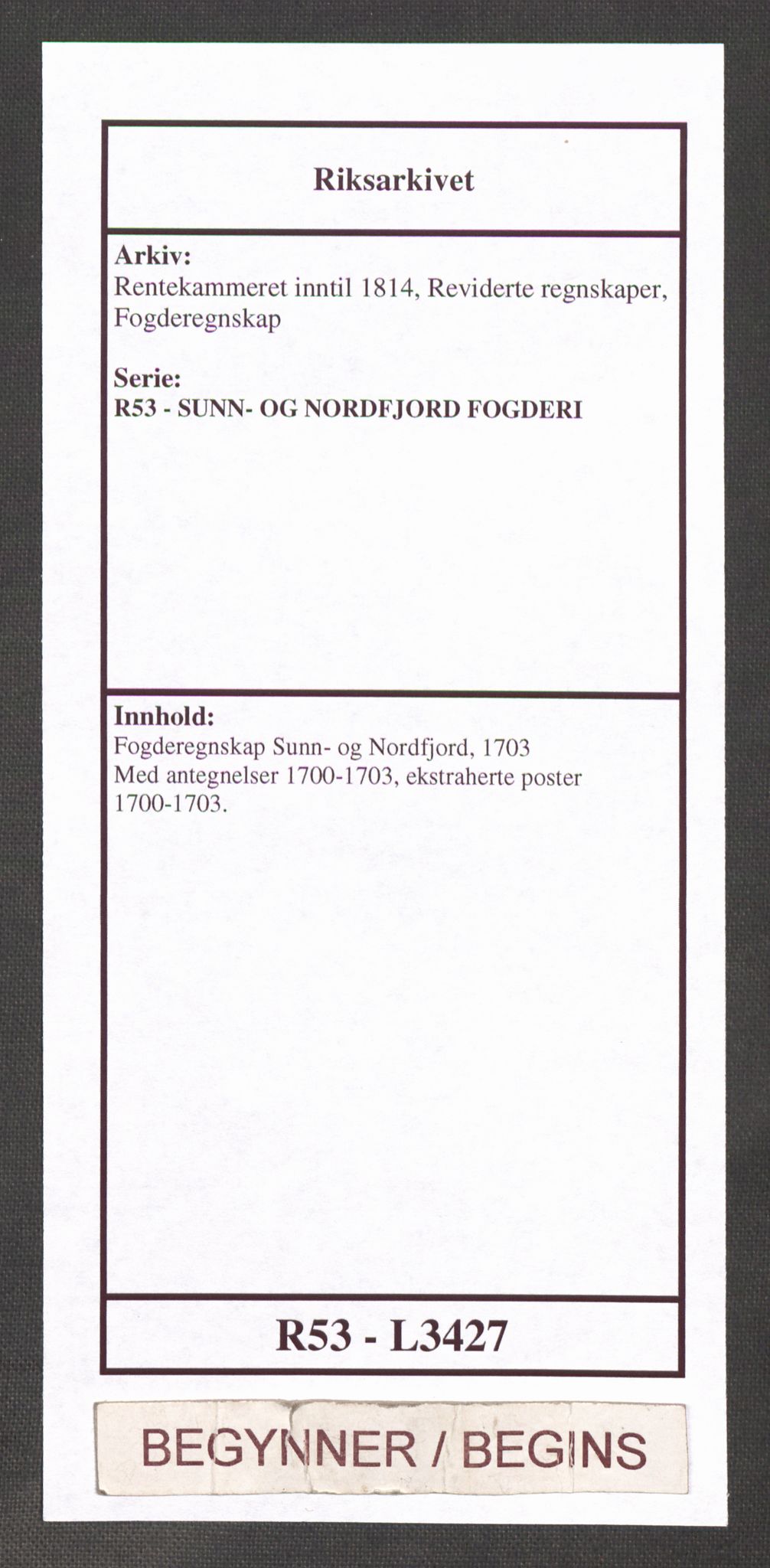 Rentekammeret inntil 1814, Reviderte regnskaper, Fogderegnskap, RA/EA-4092/R53/L3427: Fogderegnskap Sunn- og Nordfjord, 1703, p. 1