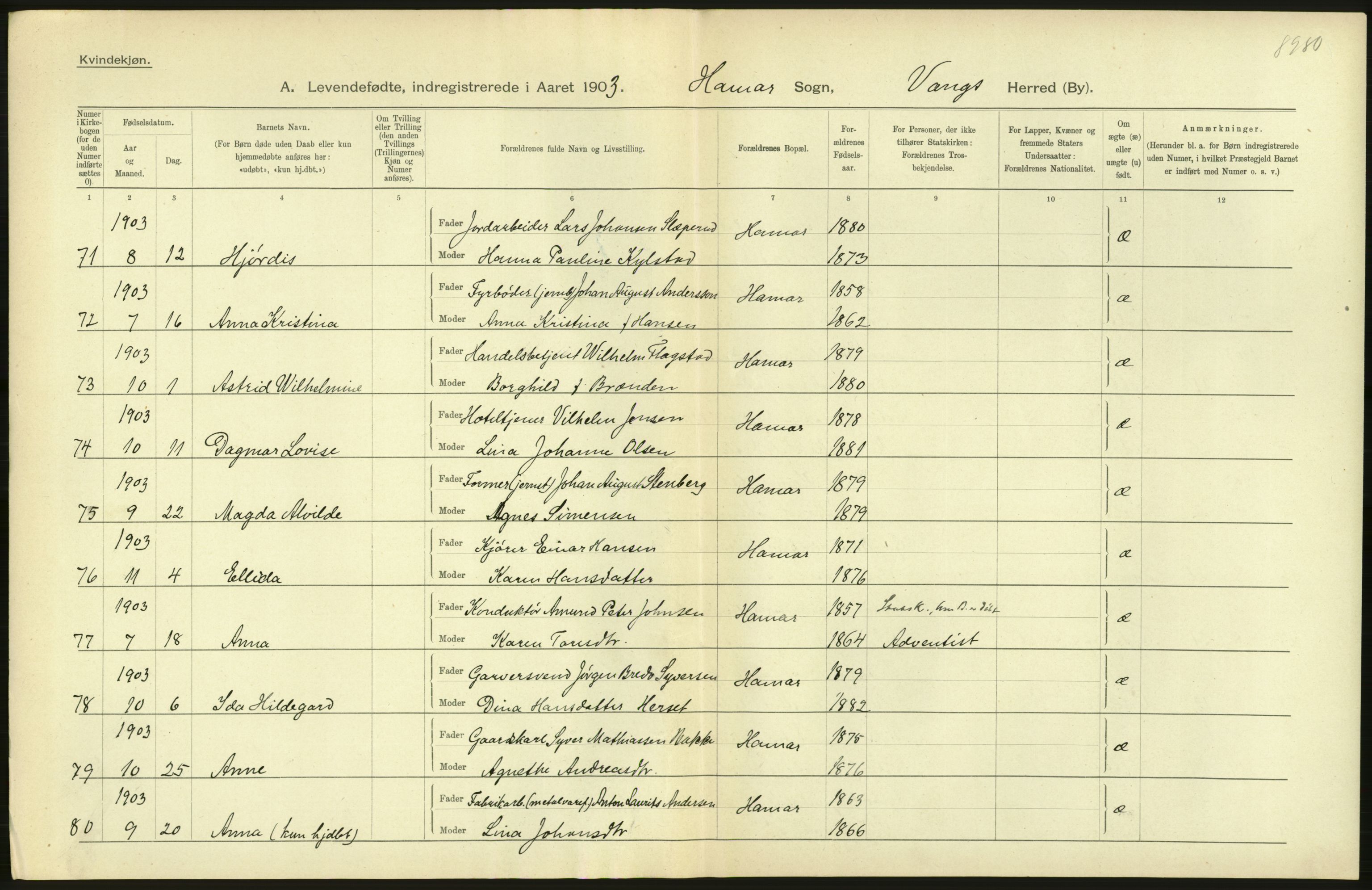 Statistisk sentralbyrå, Sosiodemografiske emner, Befolkning, AV/RA-S-2228/D/Df/Dfa/Dfaa/L0005: Hedemarkens amt: Fødte, gifte, døde, 1903, p. 726