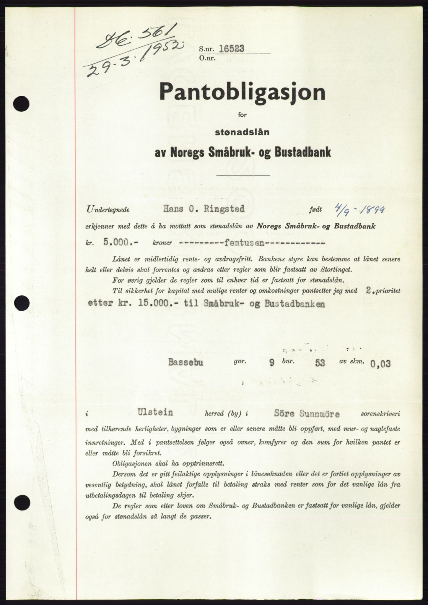 Søre Sunnmøre sorenskriveri, AV/SAT-A-4122/1/2/2C/L0121: Mortgage book no. 9B, 1951-1952, Diary no: : 561/1952