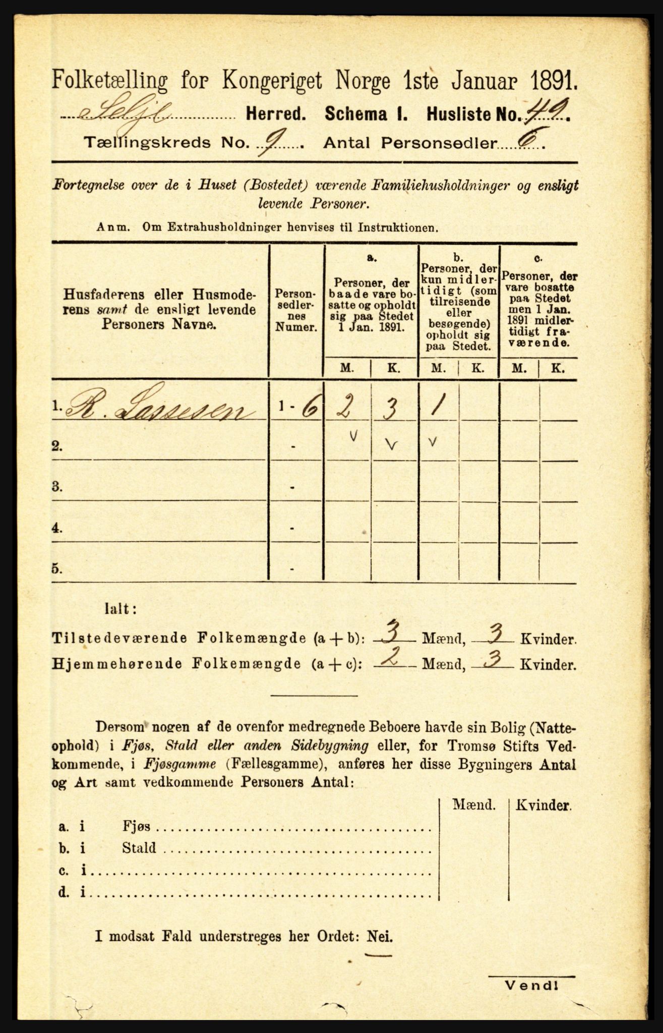 RA, 1891 census for 1441 Selje, 1891, p. 2696