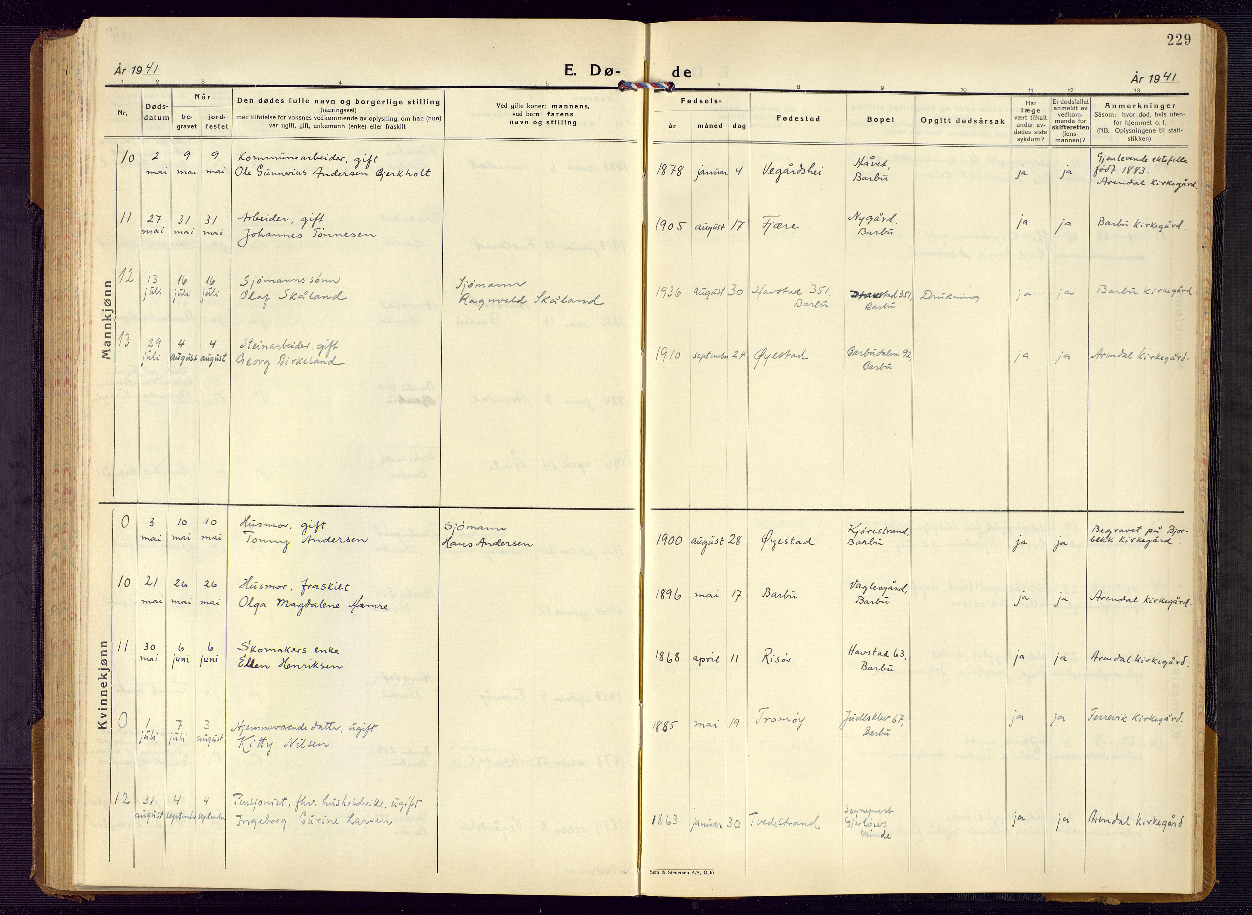 Barbu sokneprestkontor, AV/SAK-1111-0003/F/Fb/L0006: Parish register (copy) no. B 6, 1937-1947, p. 229