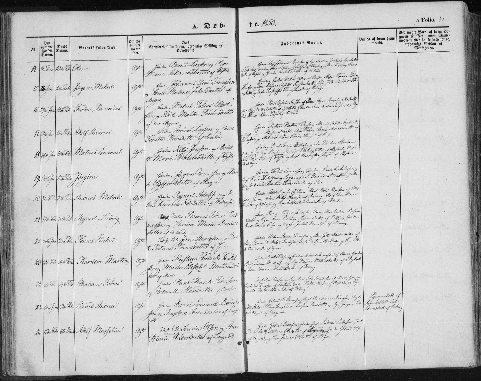 Lista sokneprestkontor, SAK/1111-0027/F/Fa/L0010: Parish register (official) no. A 10, 1846-1861, p. 41