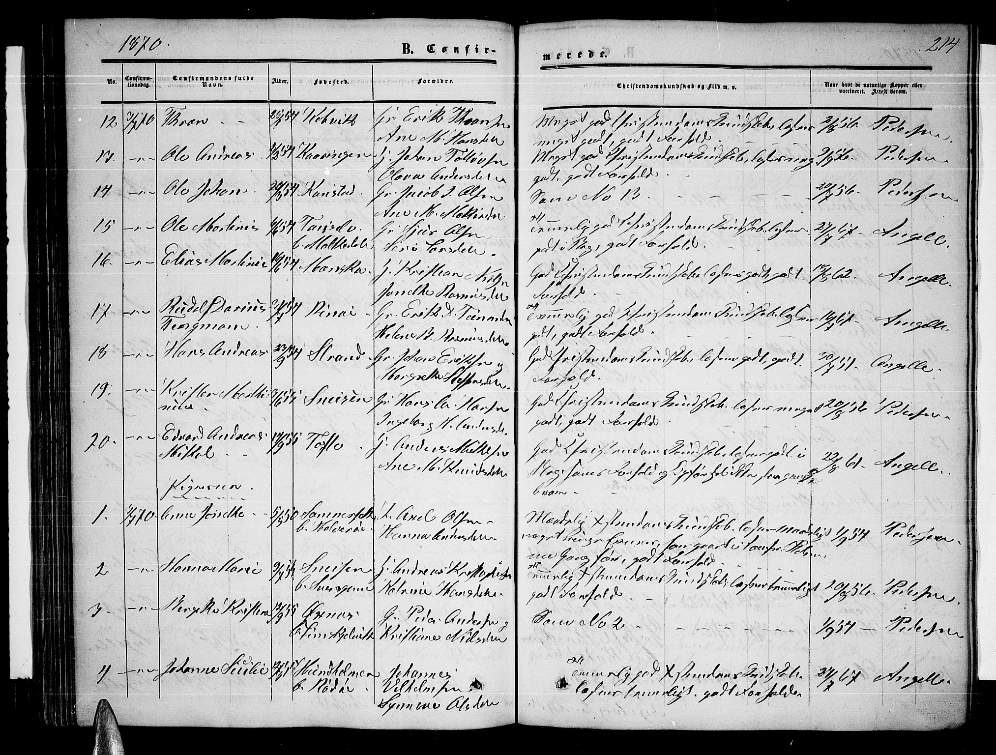 Ministerialprotokoller, klokkerbøker og fødselsregistre - Nordland, AV/SAT-A-1459/872/L1046: Parish register (copy) no. 872C02, 1852-1879, p. 214