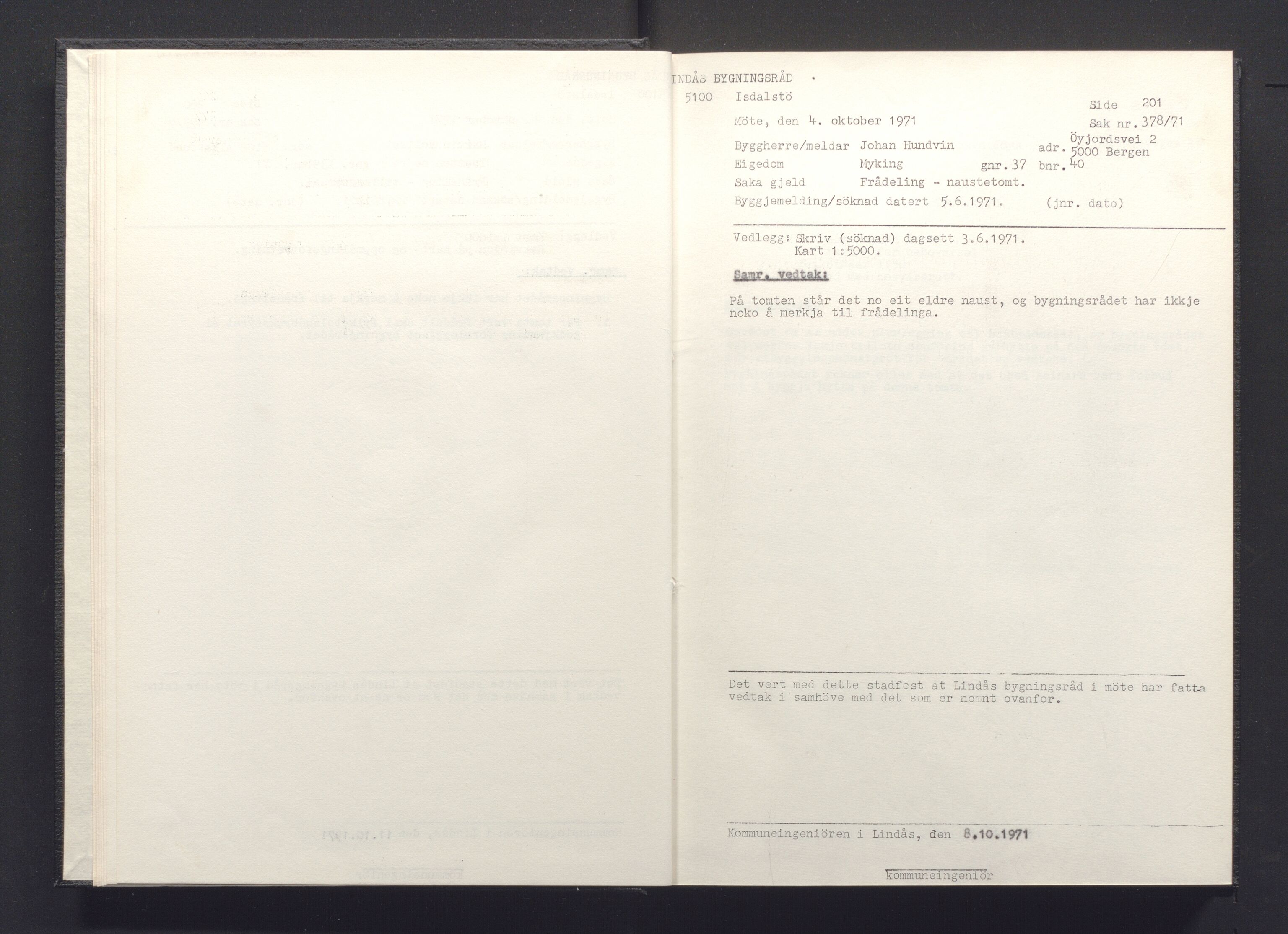Lindås kommune. Bygningsrådet, IKAH/1263-511/A/Aa/L0008: Møtebok for Lindås bygningsråd, 1971