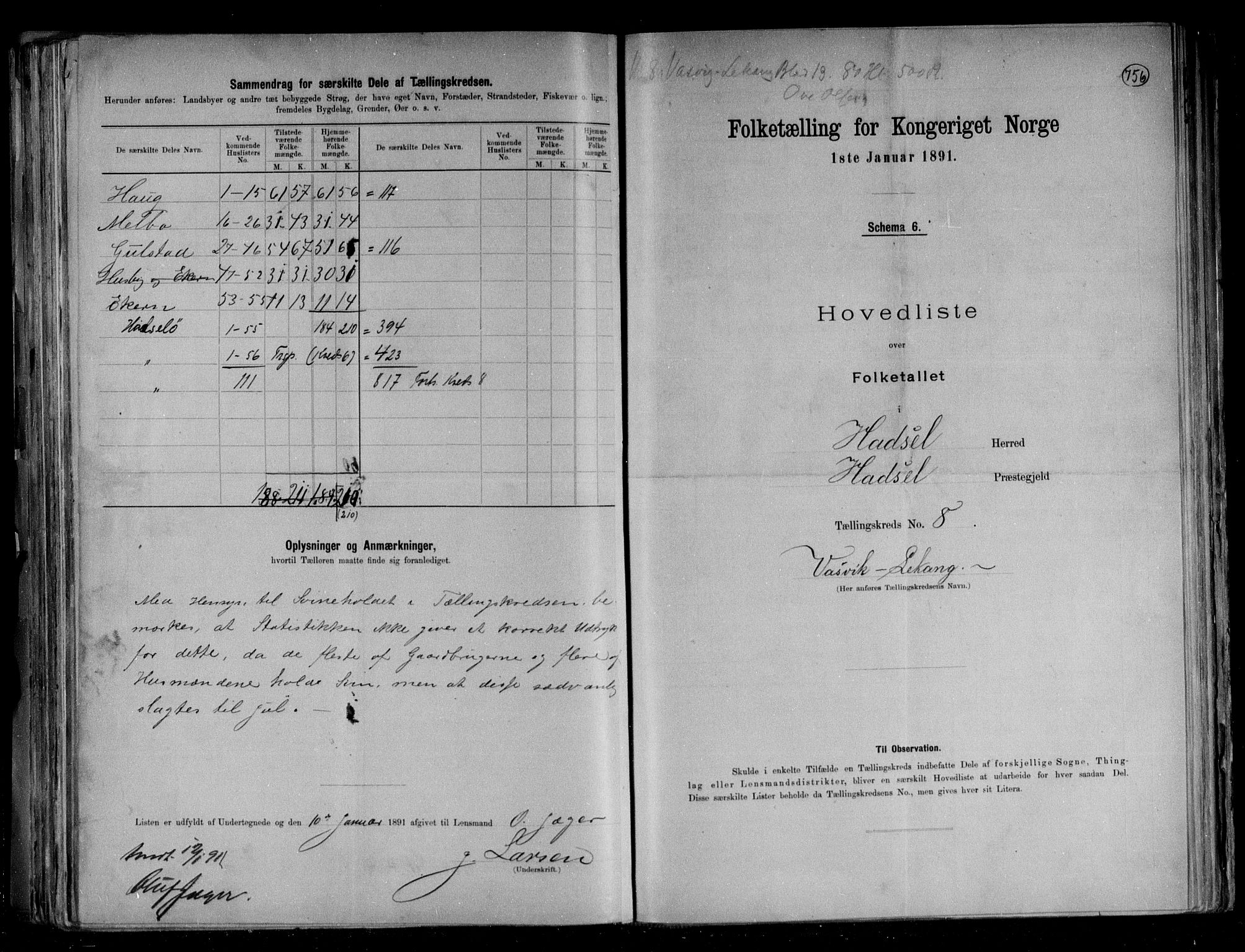 RA, 1891 census for 1866 Hadsel, 1891, p. 21