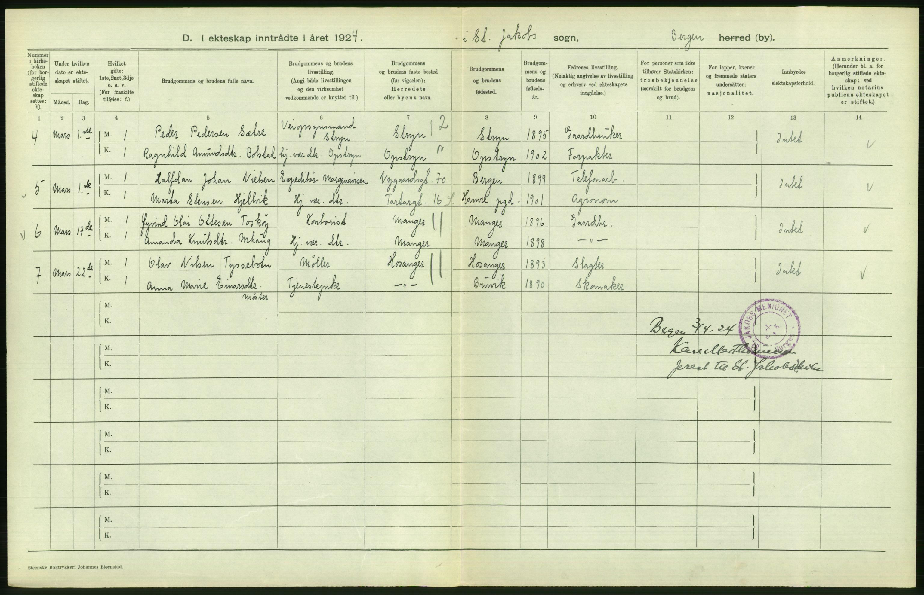 Statistisk sentralbyrå, Sosiodemografiske emner, Befolkning, AV/RA-S-2228/D/Df/Dfc/Dfcd/L0028: Bergen: Gifte, døde., 1924, p. 288