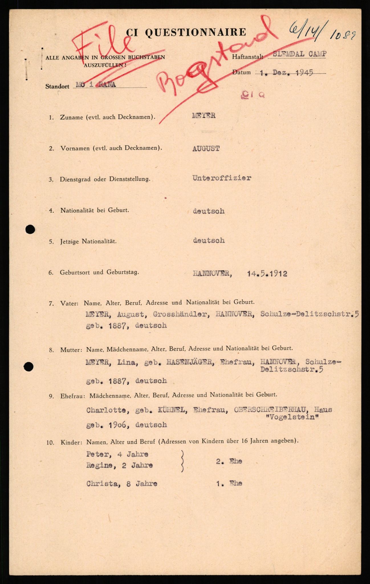 Forsvaret, Forsvarets overkommando II, RA/RAFA-3915/D/Db/L0022: CI Questionaires. Tyske okkupasjonsstyrker i Norge. Tyskere., 1945-1946, p. 74