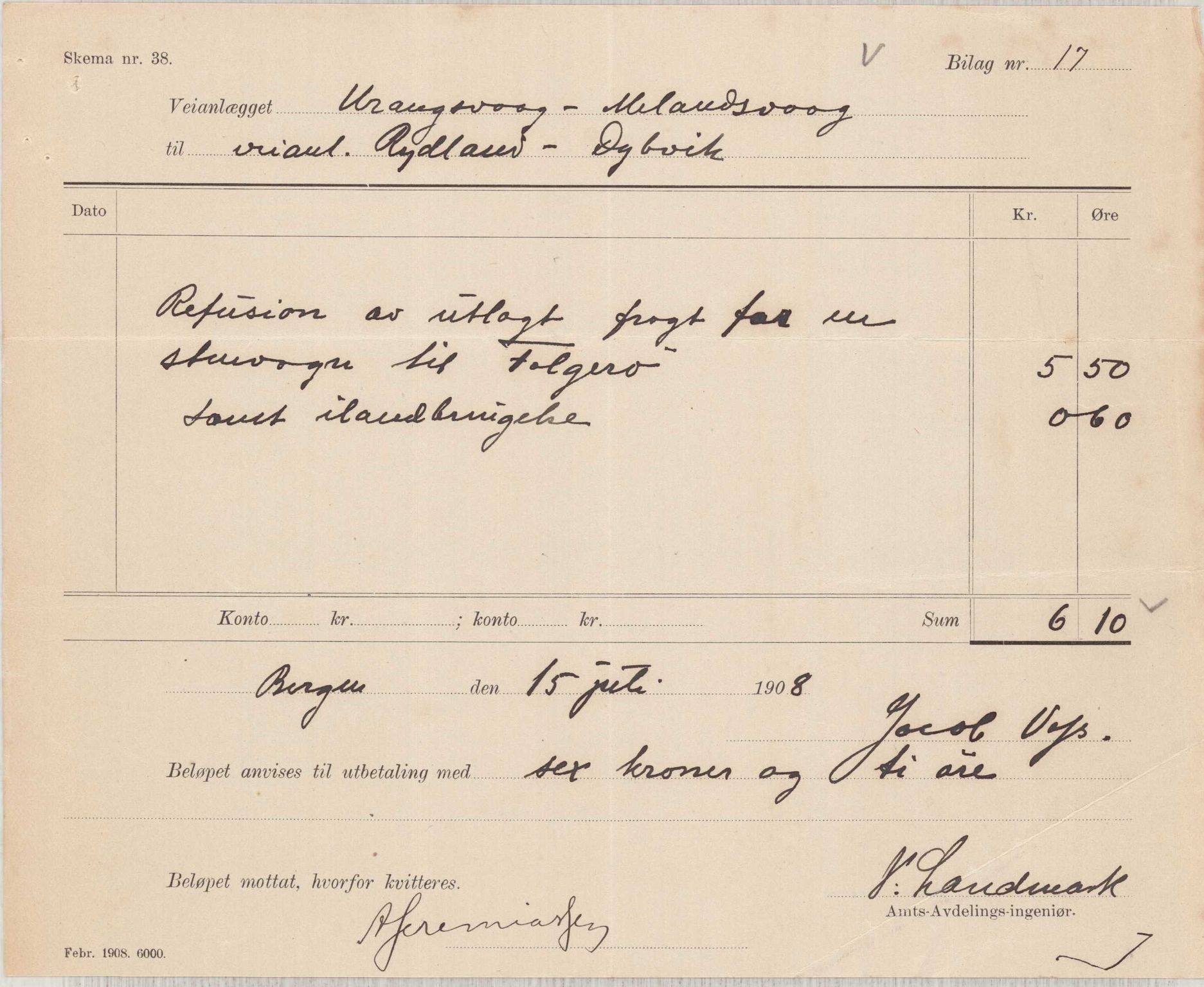 Finnaas kommune. Formannskapet, IKAH/1218a-021/E/Ea/L0002/0005: Rekneskap for veganlegg / Rekneskap for veganlegget Urangsvåg - Mælandsvåg, 1907-1909, p. 53