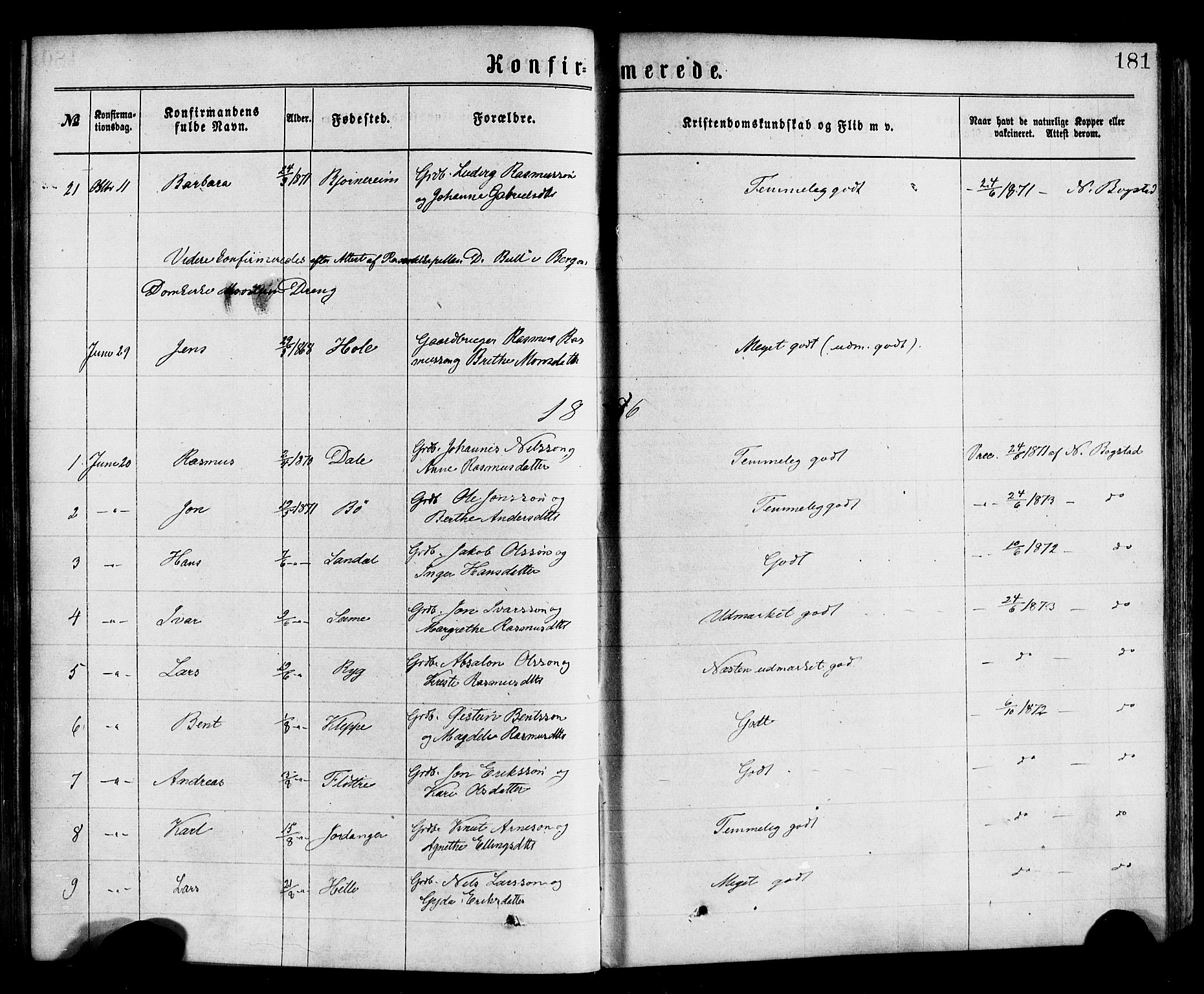 Gloppen sokneprestembete, AV/SAB-A-80101/H/Haa/Haac/L0001: Parish register (official) no. C 1, 1871-1886, p. 181