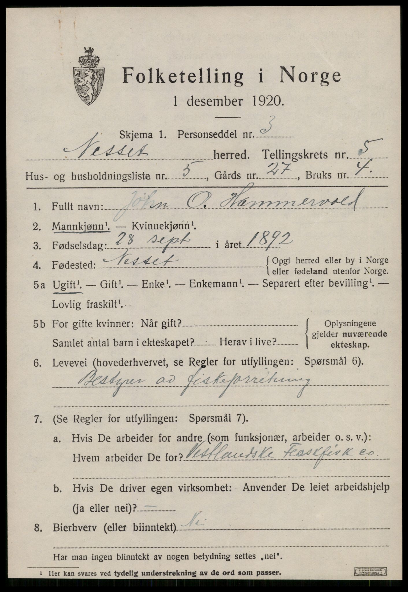 SAT, 1920 census for Nesset, 1920, p. 2254