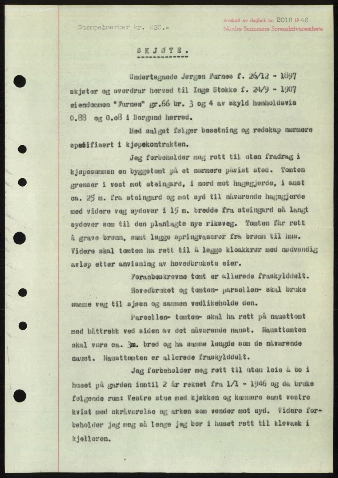 Nordre Sunnmøre sorenskriveri, AV/SAT-A-0006/1/2/2C/2Ca: Mortgage book no. A23, 1946-1947, Diary no: : 2018/1946