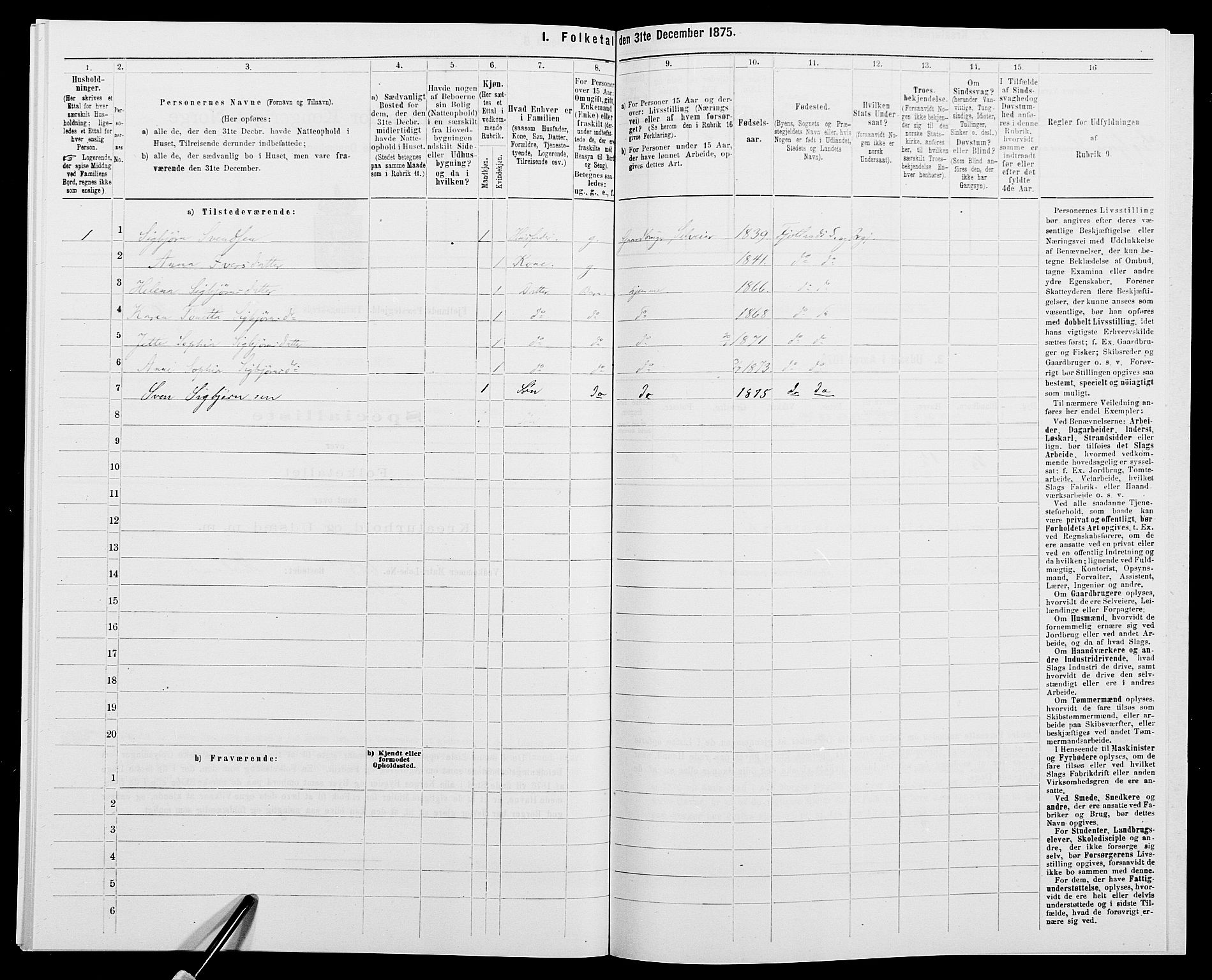 SAK, 1875 census for 1036P Fjotland, 1875, p. 153