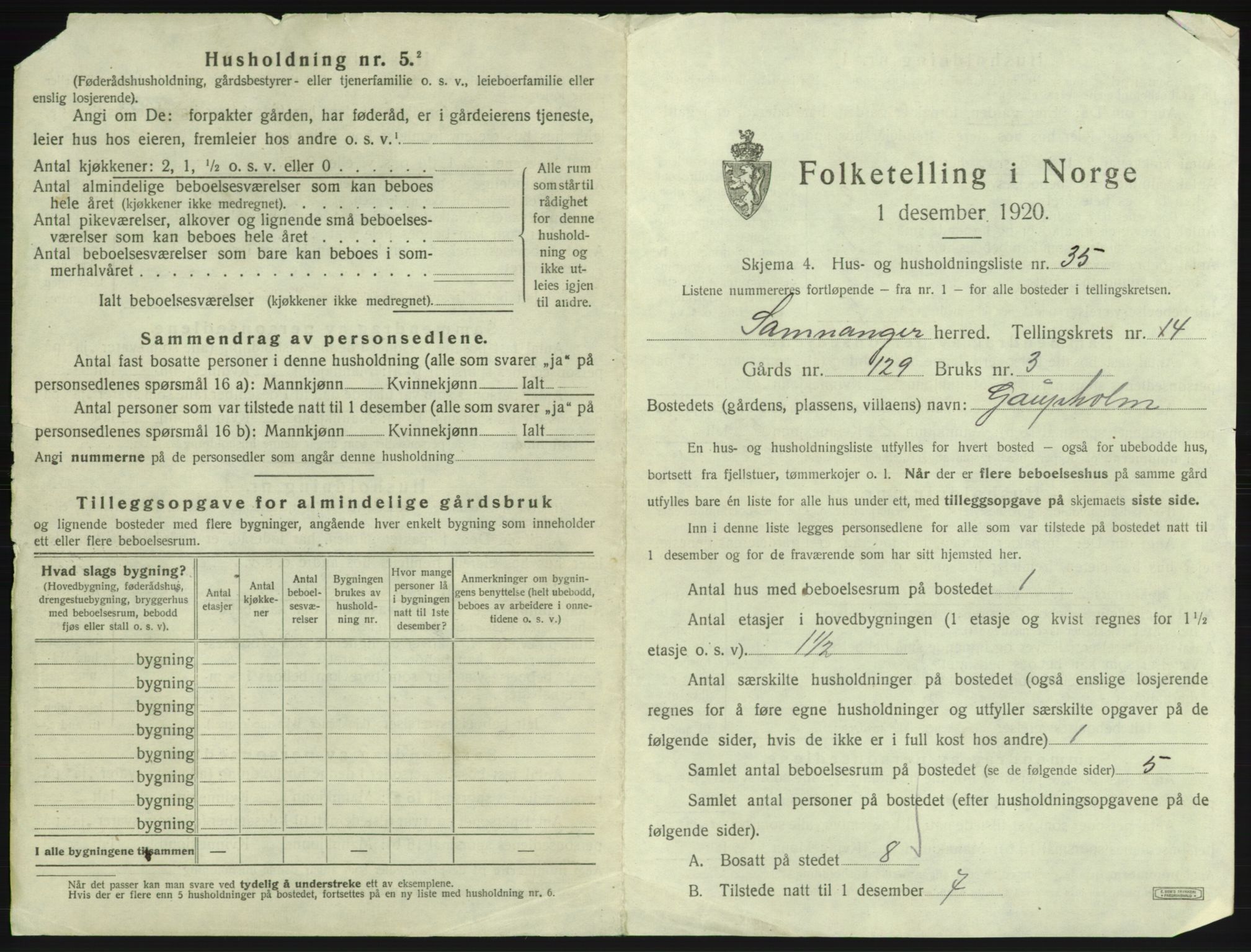 SAB, 1920 census for Samnanger, 1920, p. 849