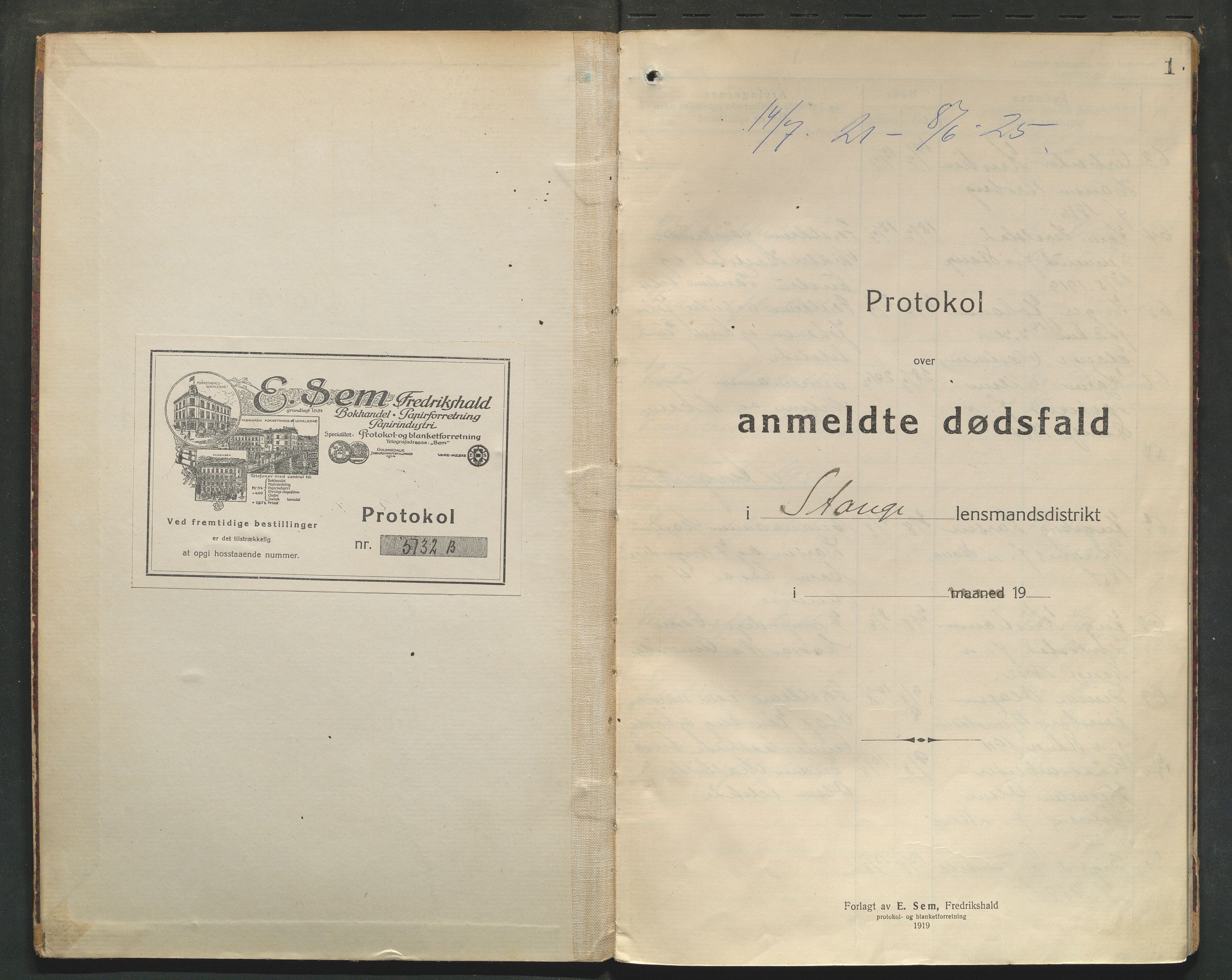 Stange lensmannskontor, AV/SAH-LHS-020/H/Ha/Haa/L0001/0004: Dødsfallsprotokoller / Dødsfallsprotokoll, 1921-1925, p. 1