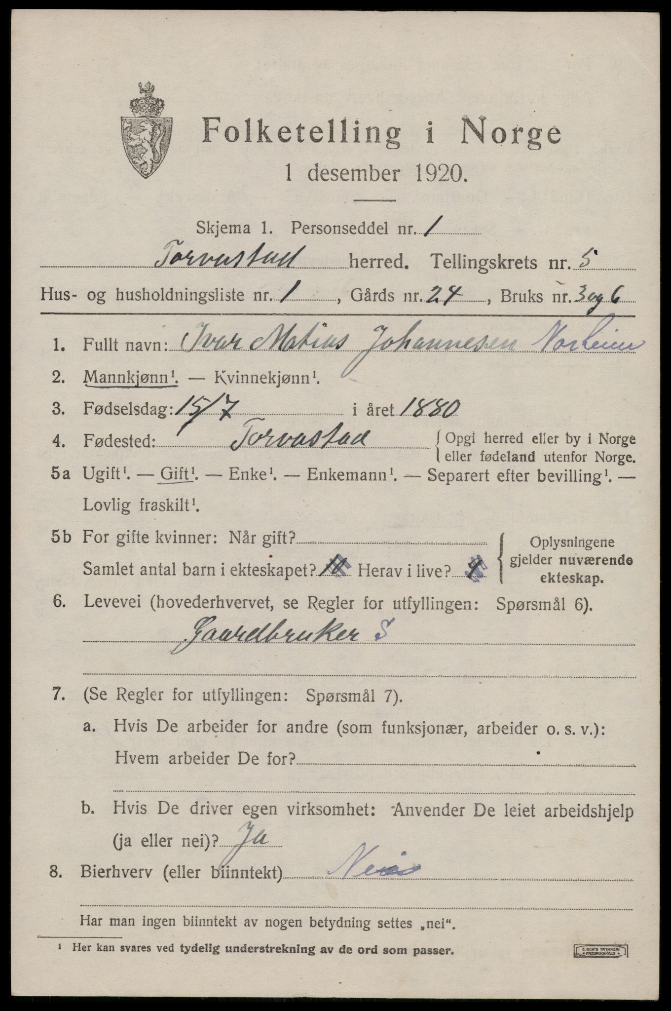 SAST, 1920 census for Torvastad, 1920, p. 4276