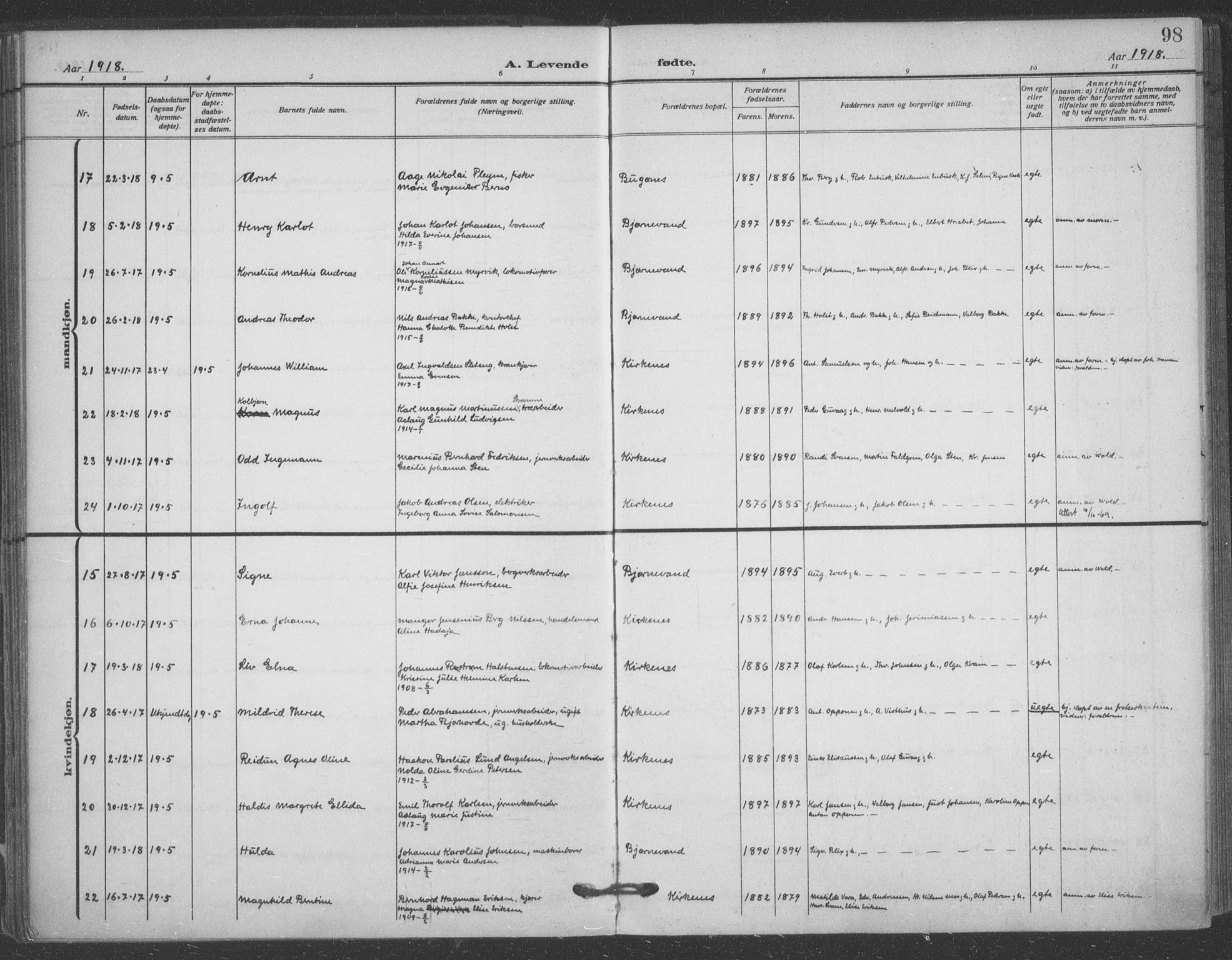 Sør-Varanger sokneprestkontor, AV/SATØ-S-1331/H/Ha/L0005kirke: Parish register (official) no. 5, 1909-1919, p. 98