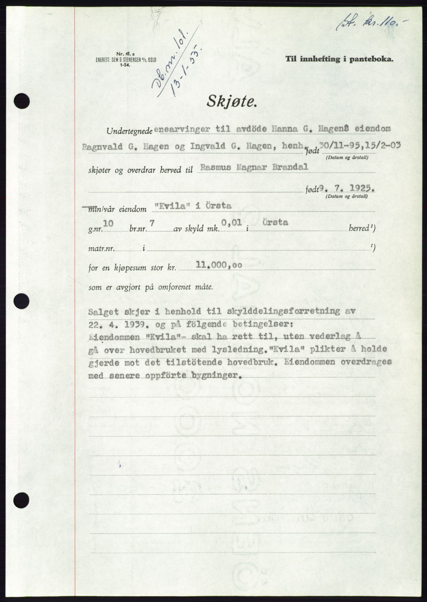 Søre Sunnmøre sorenskriveri, AV/SAT-A-4122/1/2/2C/L0100: Mortgage book no. 26A, 1954-1955, Diary no: : 101/1955