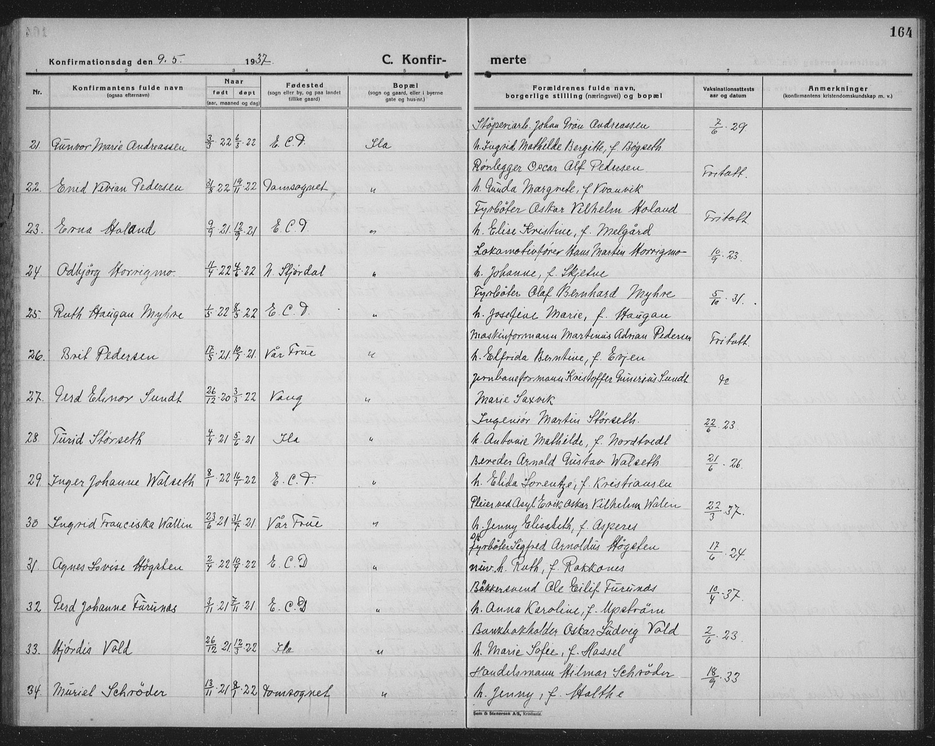 Ministerialprotokoller, klokkerbøker og fødselsregistre - Sør-Trøndelag, SAT/A-1456/603/L0175: Parish register (copy) no. 603C03, 1923-1941, p. 164