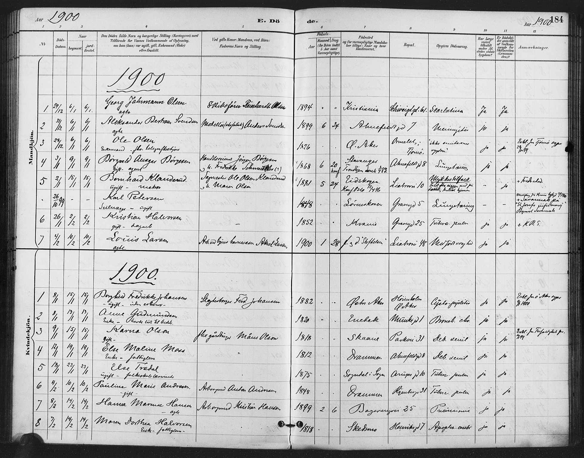 Gamlebyen prestekontor Kirkebøker, SAO/A-10884/F/Fa/L0009: Parish register (official) no. 9, 1888-1909, p. 184