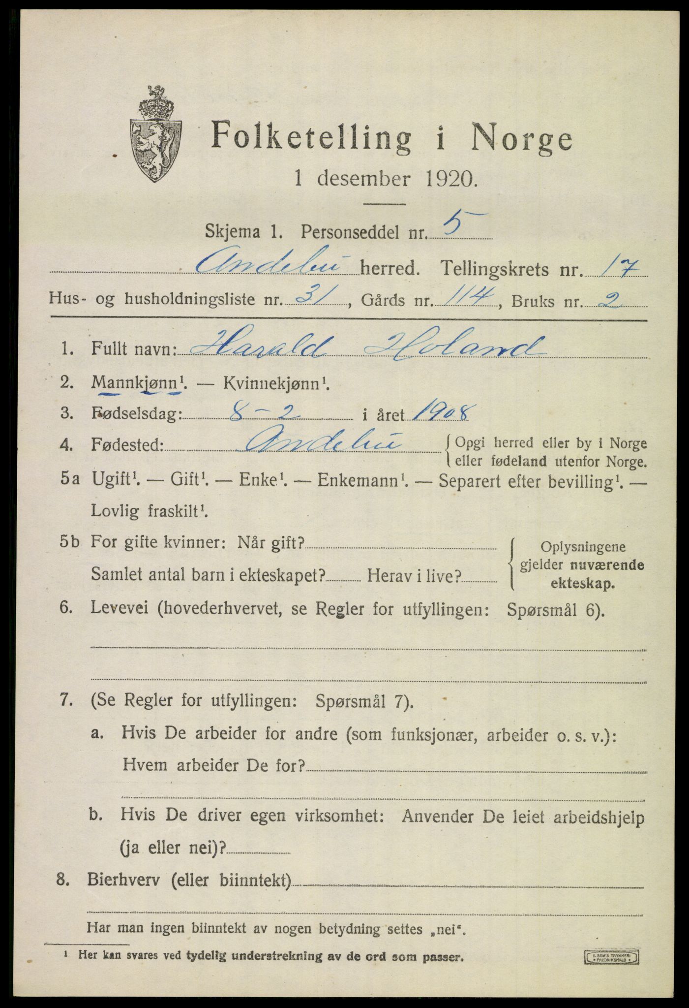 SAKO, 1920 census for Andebu, 1920, p. 6038