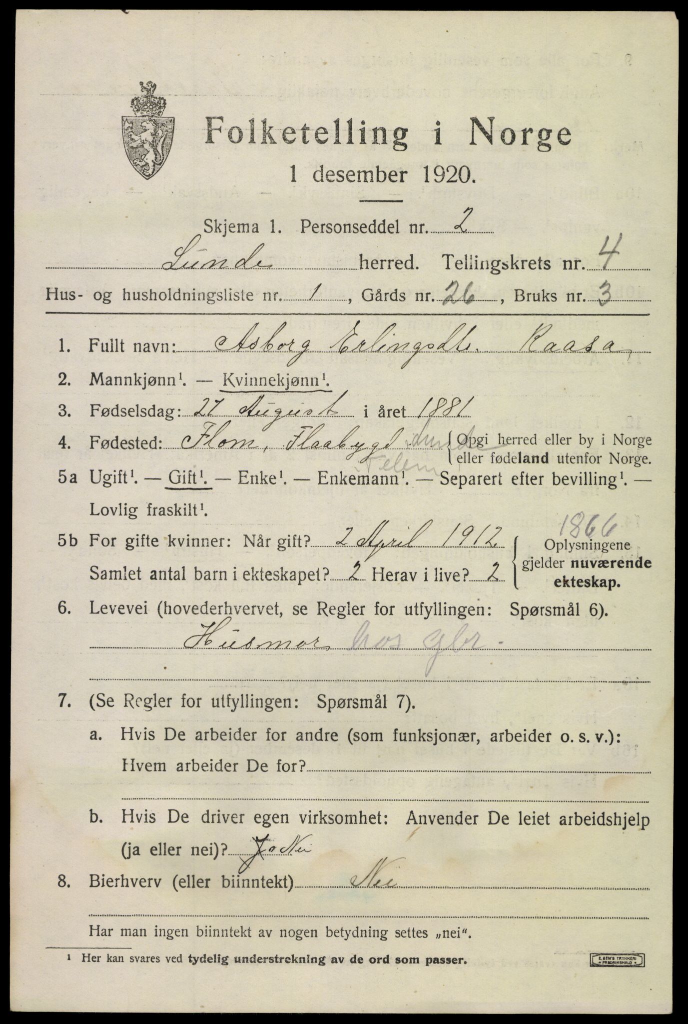 SAKO, 1920 census for Lunde, 1920, p. 2991