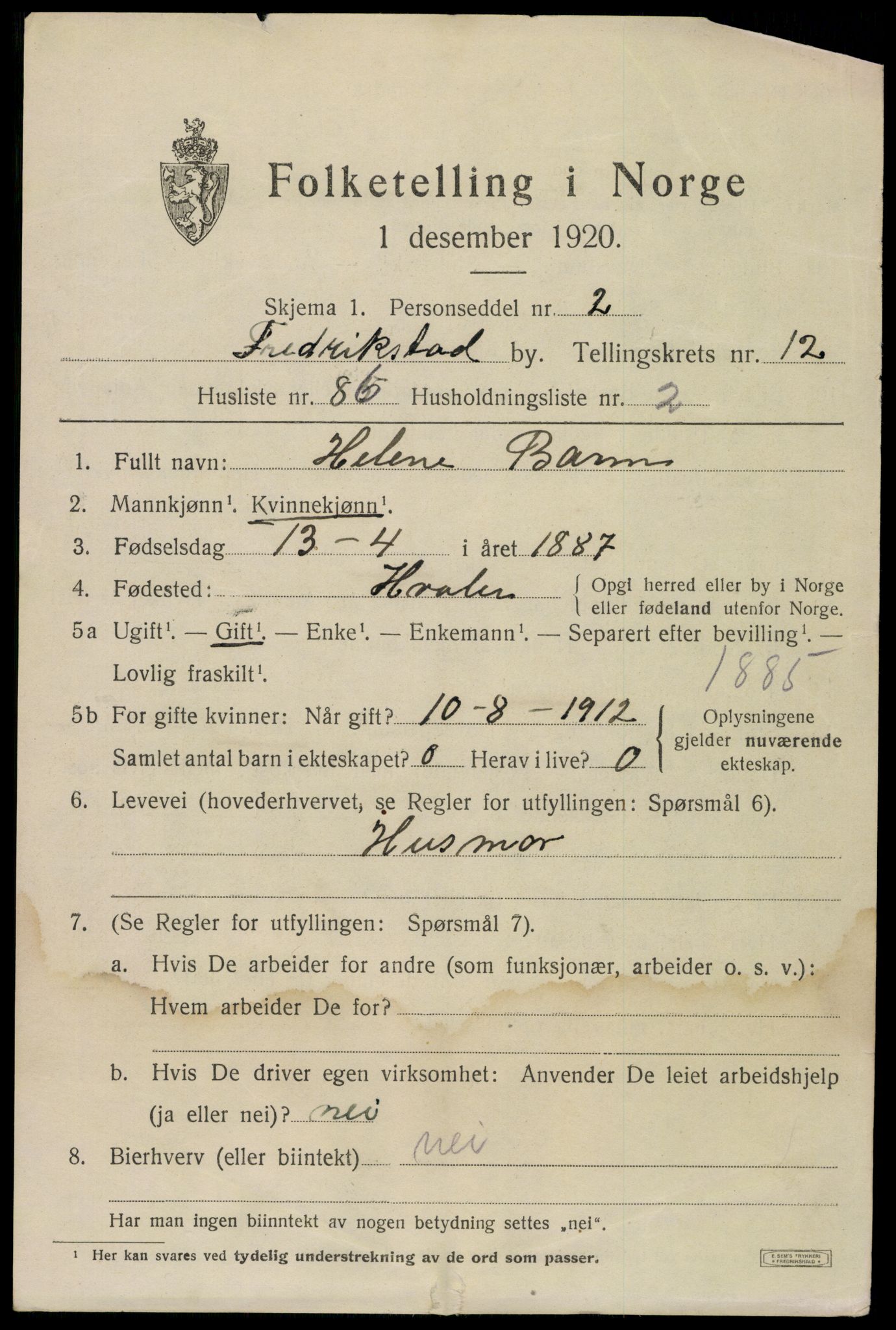 SAO, 1920 census for Fredrikstad, 1920, p. 32085