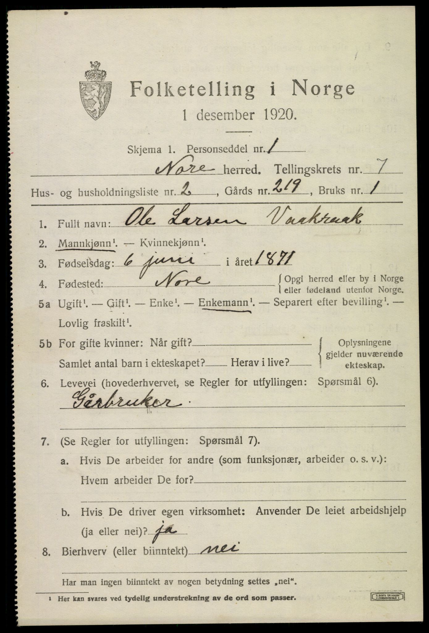SAKO, 1920 census for Nore, 1920, p. 3060