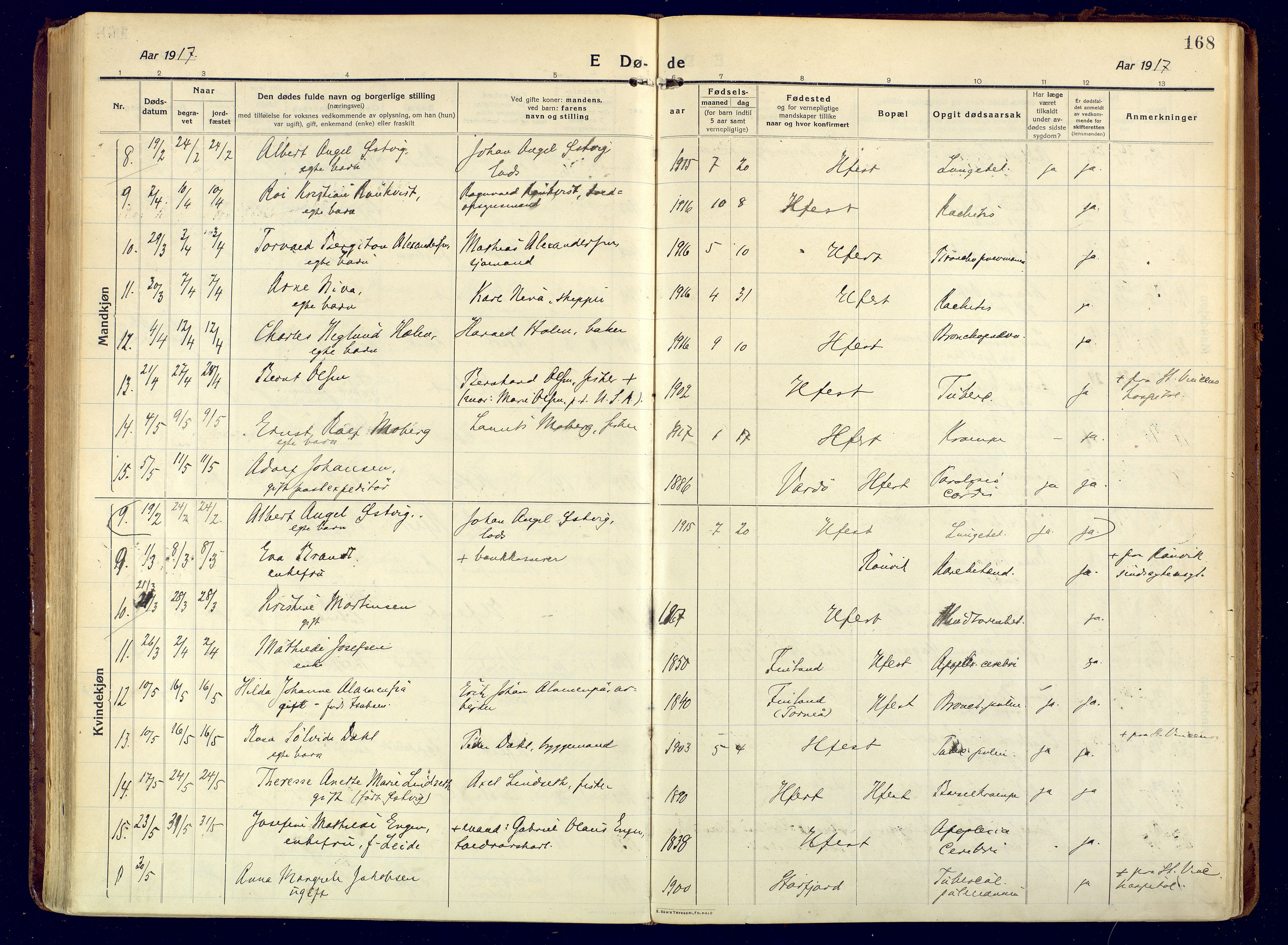 Hammerfest sokneprestkontor, AV/SATØ-S-1347/H/Ha/L0015.kirke: Parish register (official) no. 15, 1916-1923, p. 168