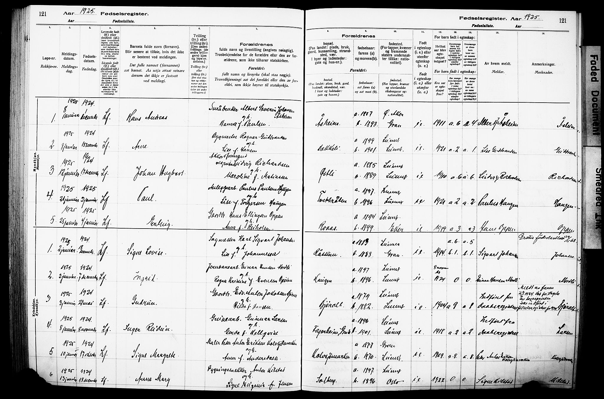 Lunner prestekontor, SAH/PREST-118/I/Id/L0001: Birth register no. 1, 1916-1932, p. 121