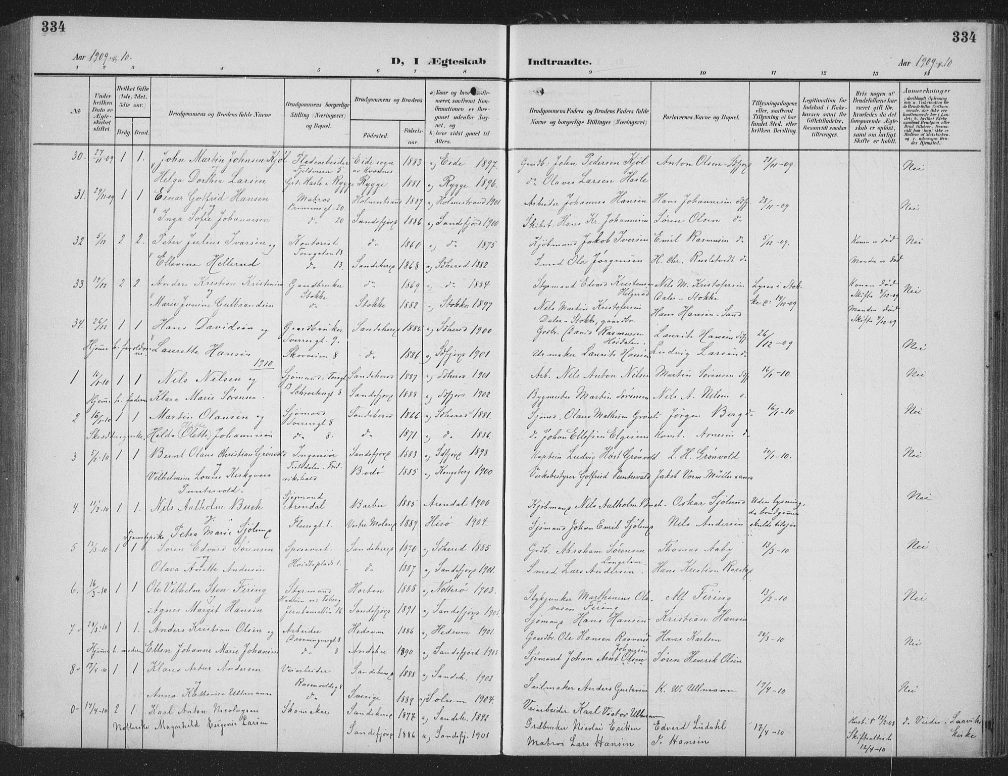 Sandefjord kirkebøker, AV/SAKO-A-315/G/Ga/L0003: Parish register (copy) no. 3, 1903-1920, p. 334