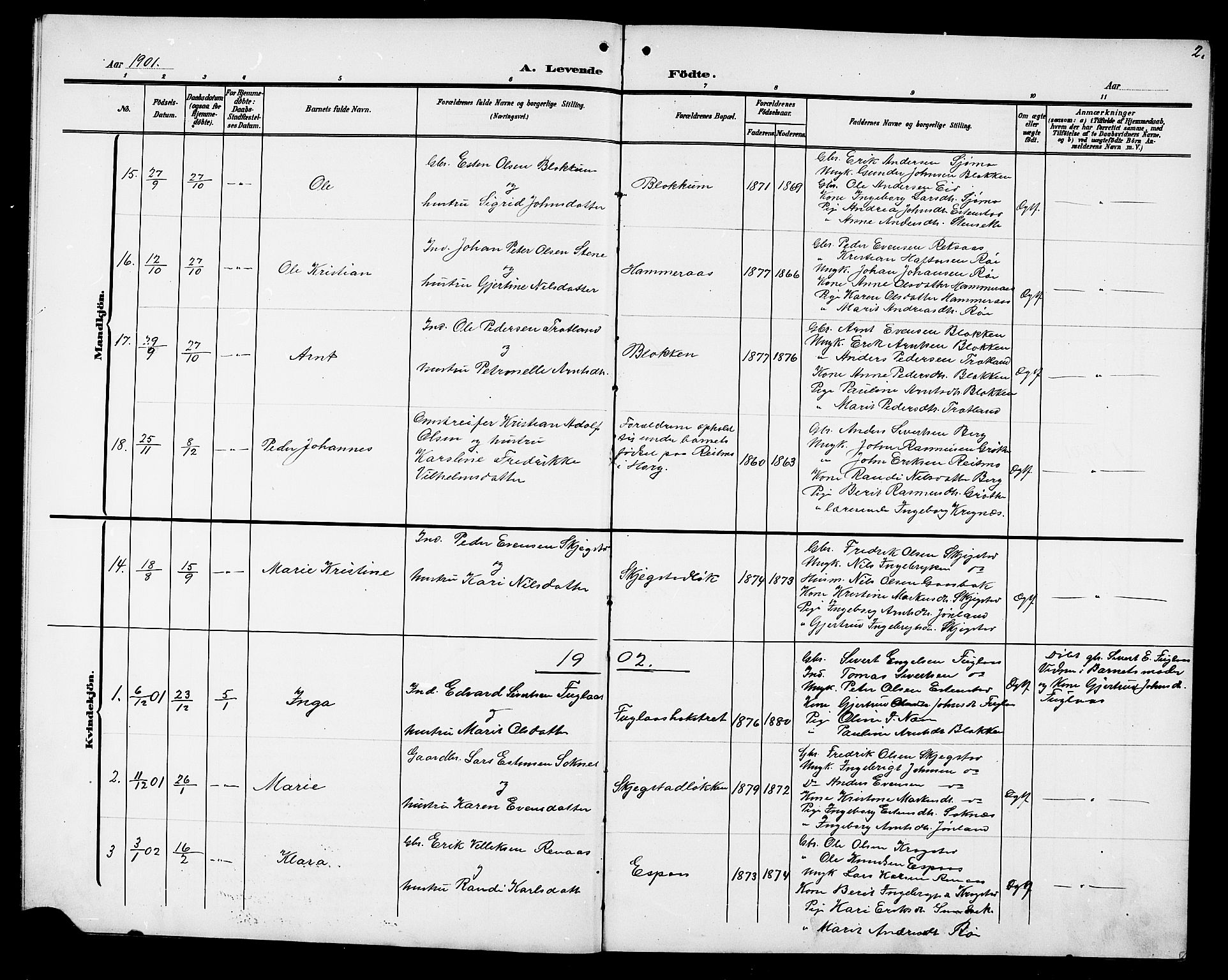 Ministerialprotokoller, klokkerbøker og fødselsregistre - Sør-Trøndelag, AV/SAT-A-1456/694/L1133: Parish register (copy) no. 694C05, 1901-1914, p. 2