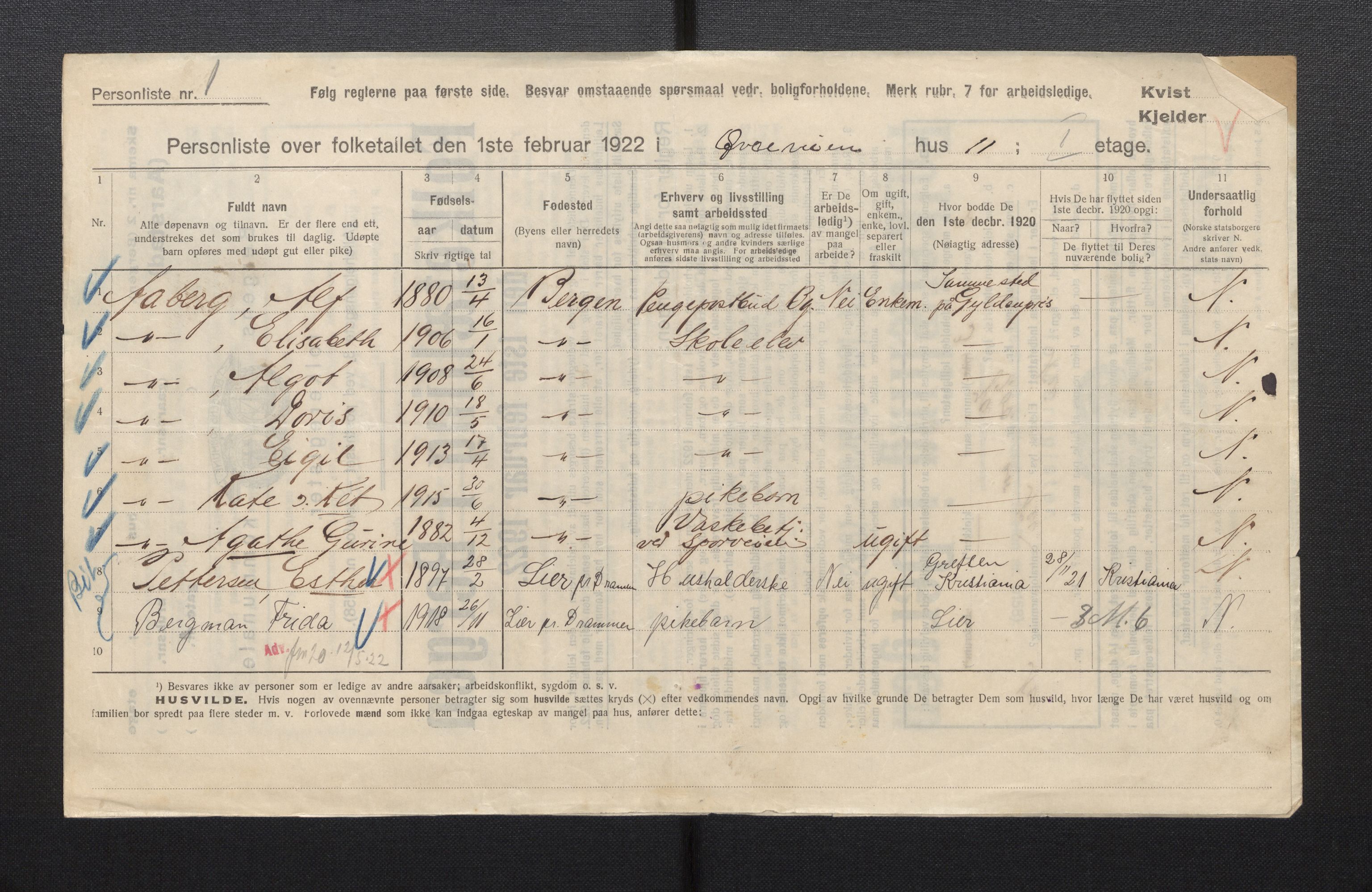 SAB, Municipal Census 1922 for Bergen, 1922, p. 50494